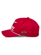 Casquette Snapback Alpinestars Ride Comp, rouge, vue de profil, logo étoile brodé blanc, bordure en corde tressée, visière incurvée, vêtements de sport décontractés motorsport