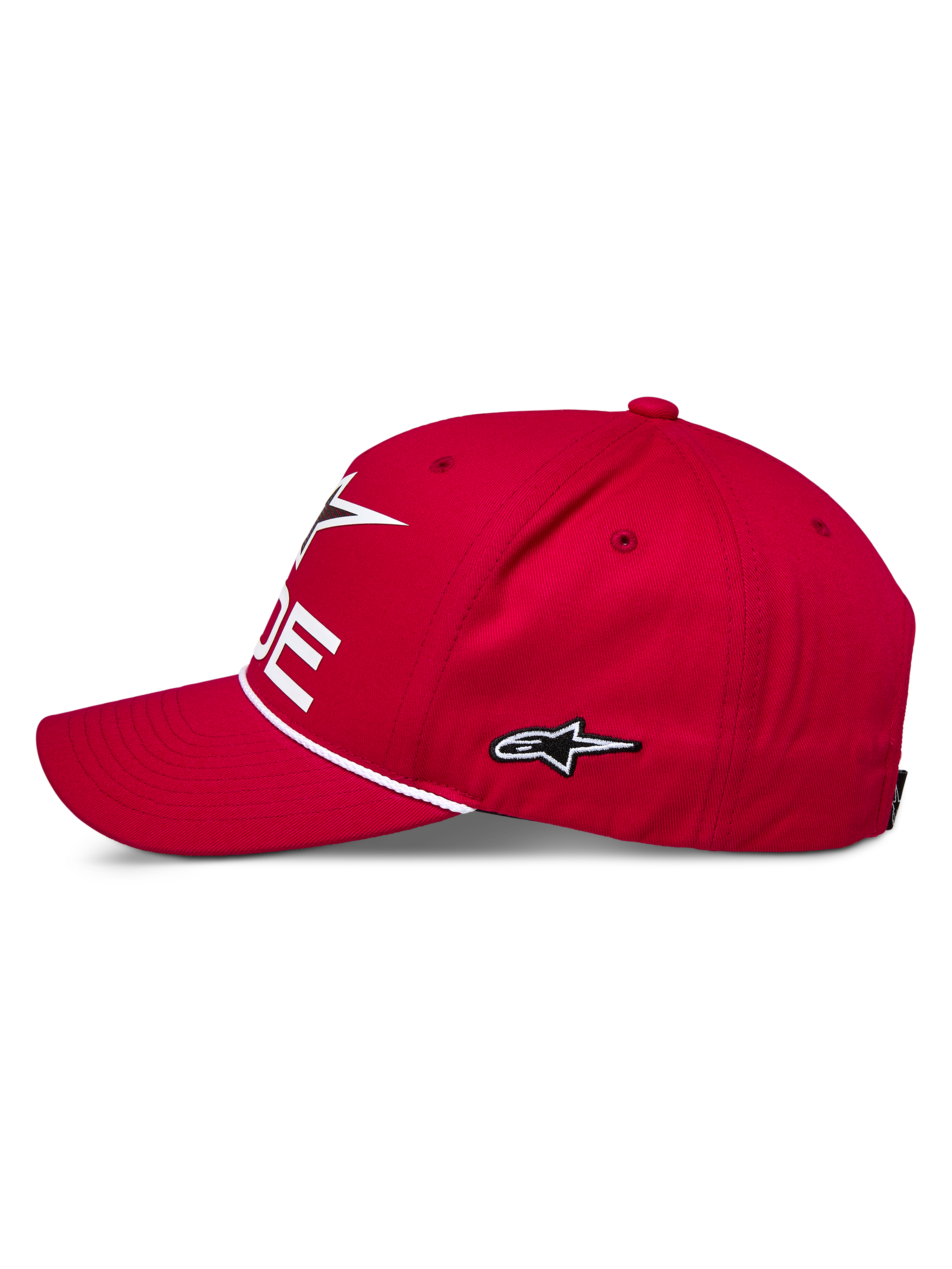 Casquette Snapback Alpinestars Ride Comp, rouge, vue de profil, logo étoile brodé blanc, bordure en corde tressée, visière incurvée, vêtements de sport décontractés motorsport