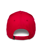 Alpinestars Ride Comp Snapback Hat, rouge, vue arrière avec une fermeture snapback rouge ajustable et une petite étiquette tissée noire avec logo blanc, couronne structurée, couvre-chef décontracté