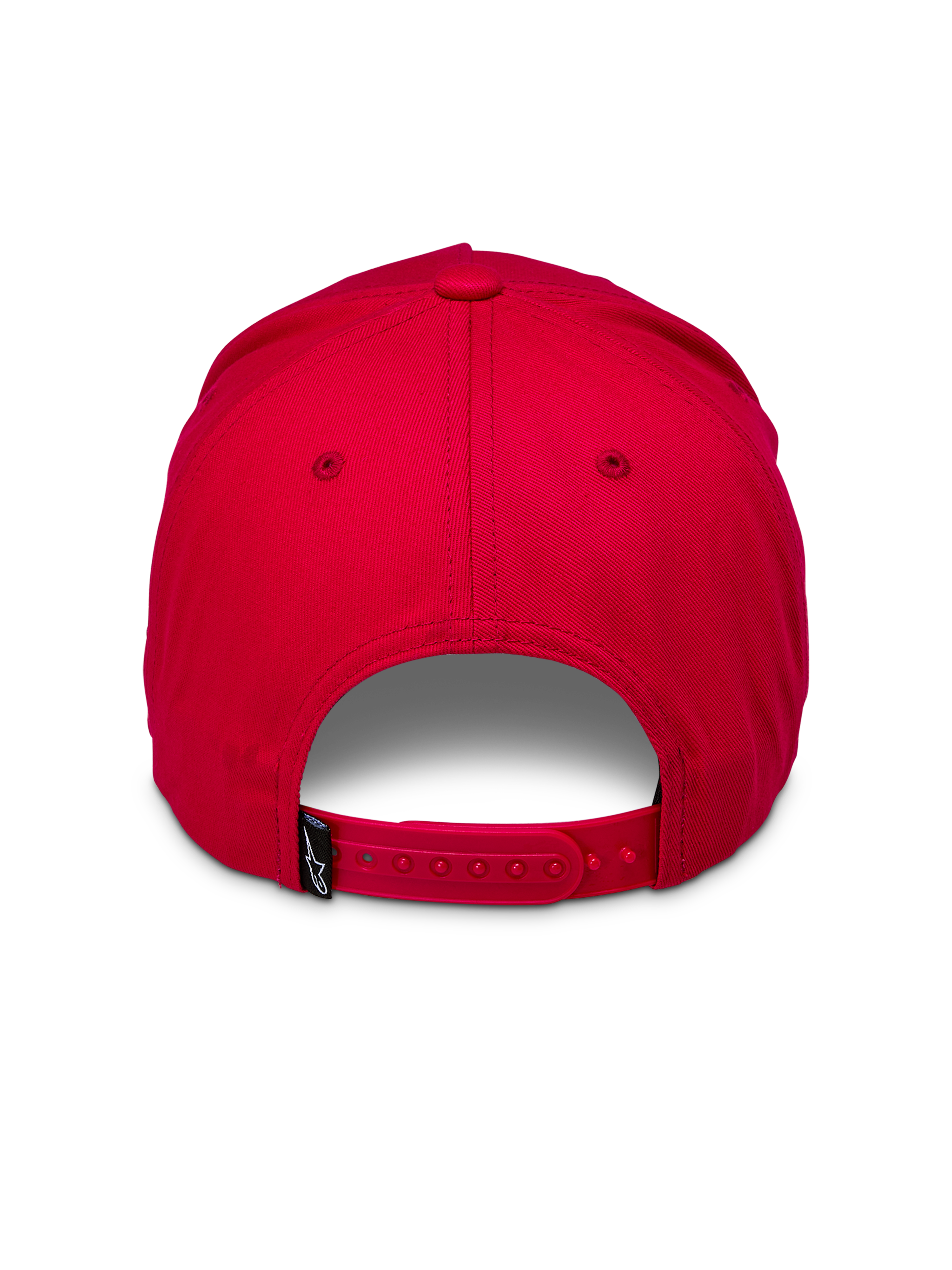 Alpinestars Ride Comp Snapback Hat, rouge, vue arrière avec une fermeture snapback rouge ajustable et une petite étiquette tissée noire avec logo blanc, couronne structurée, couvre-chef décontracté