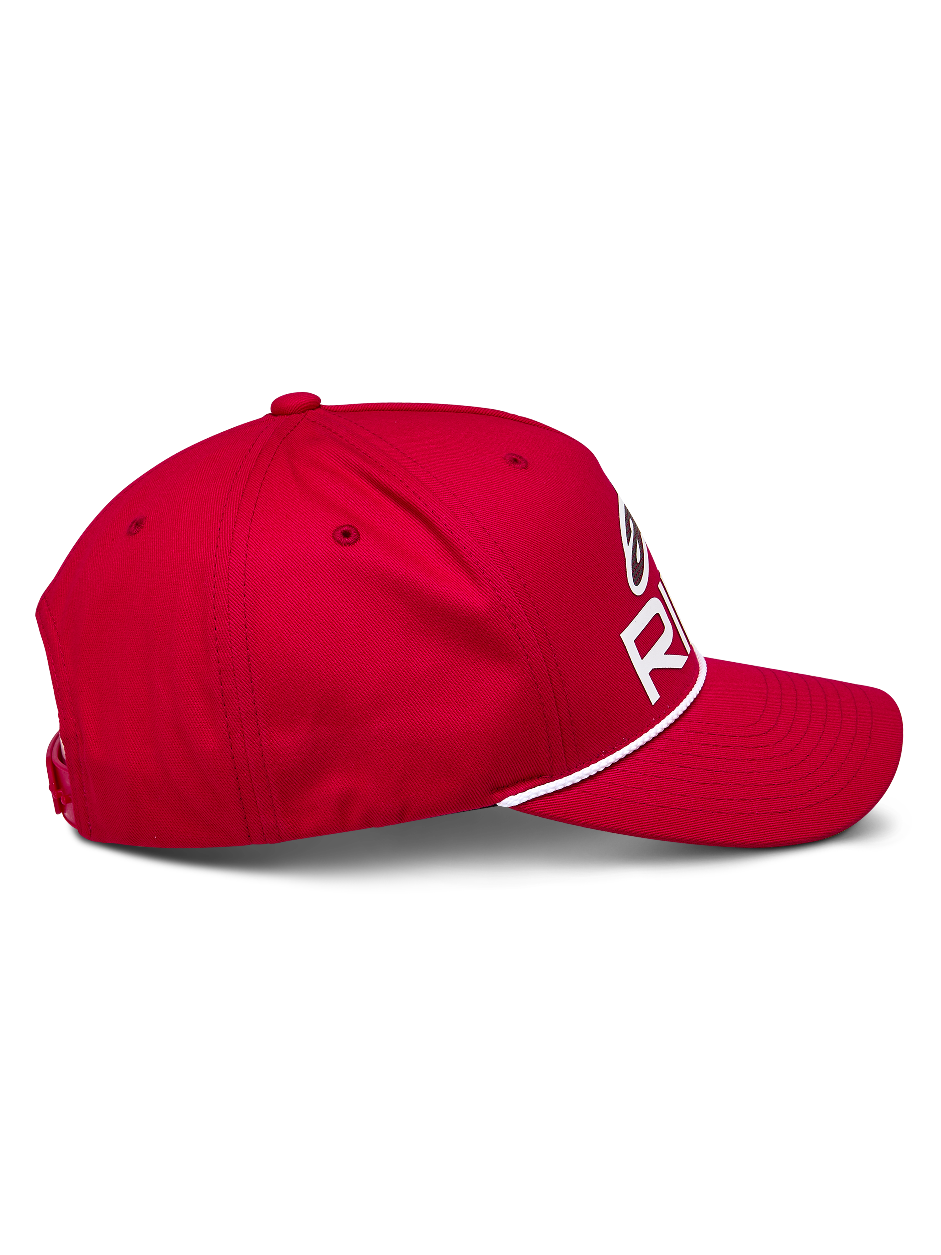 Casquette Snapback Alpinestars Ride Comp, rouge, vue de profil, visière incurvée avec garniture en corde tressée blanche, couronne structurée avec logo Astars Ride blanc, accessoire de sport automobile décontracté