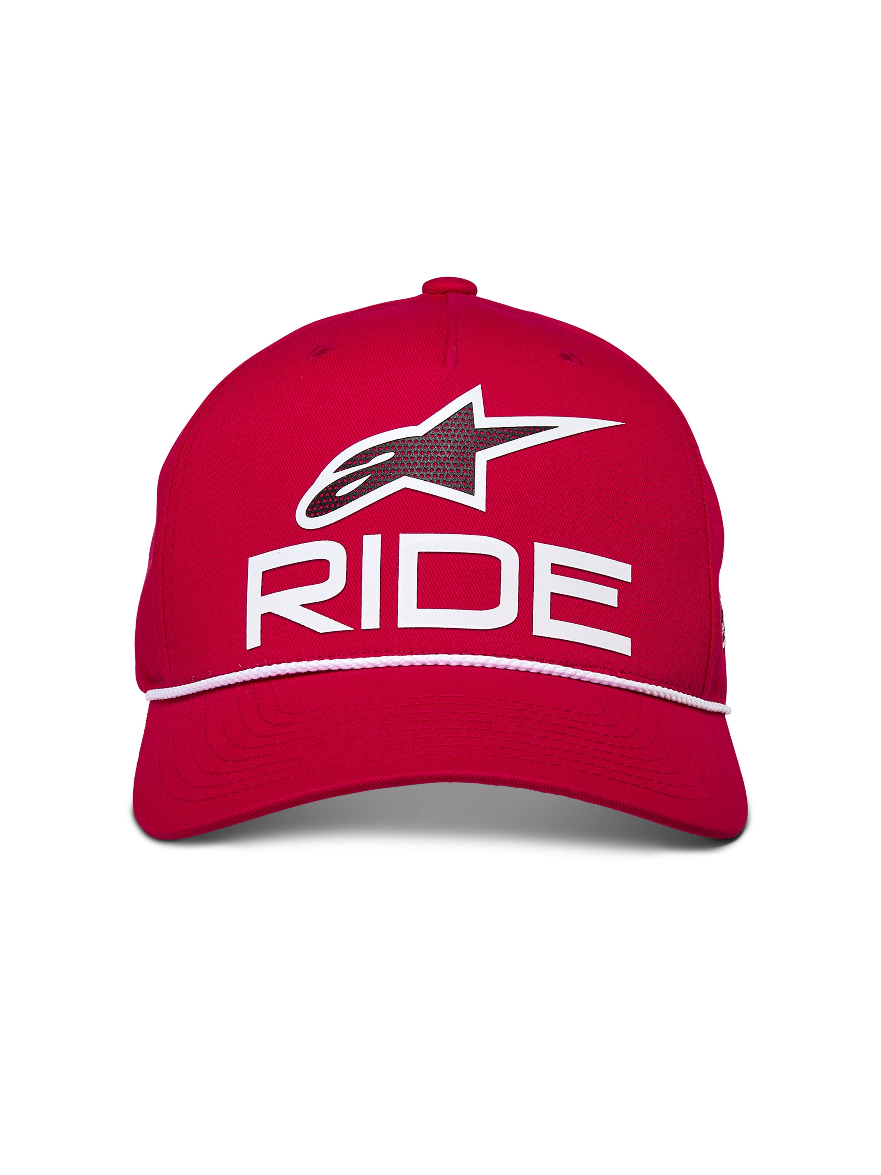 Casquette Snapback Alpinestars Ride Comp, rouge avec détails blancs et noirs, avec logo Astars Ride en impression 3D et garniture en corde tressée blanche, couronne structurée avec visière incurvée, style décontracté inspiré du sport automobile