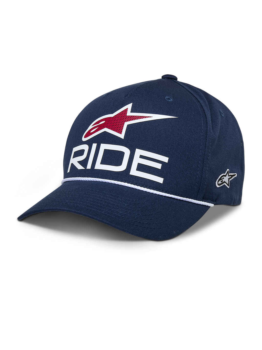 Casquette Snapback Alpinestars Ride Comp, casquette de baseball bleu marine, logos RIDE blanc et étoile rouge, visière incurvée avec corde tressée blanche, accessoire décontracté style motorsport