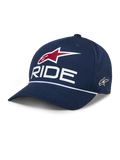 Casquette Snapback Alpinestars Ride Comp, casquette de baseball bleu marine, logos RIDE blanc et étoile rouge, visière incurvée avec corde tressée blanche, accessoire décontracté style motorsport
