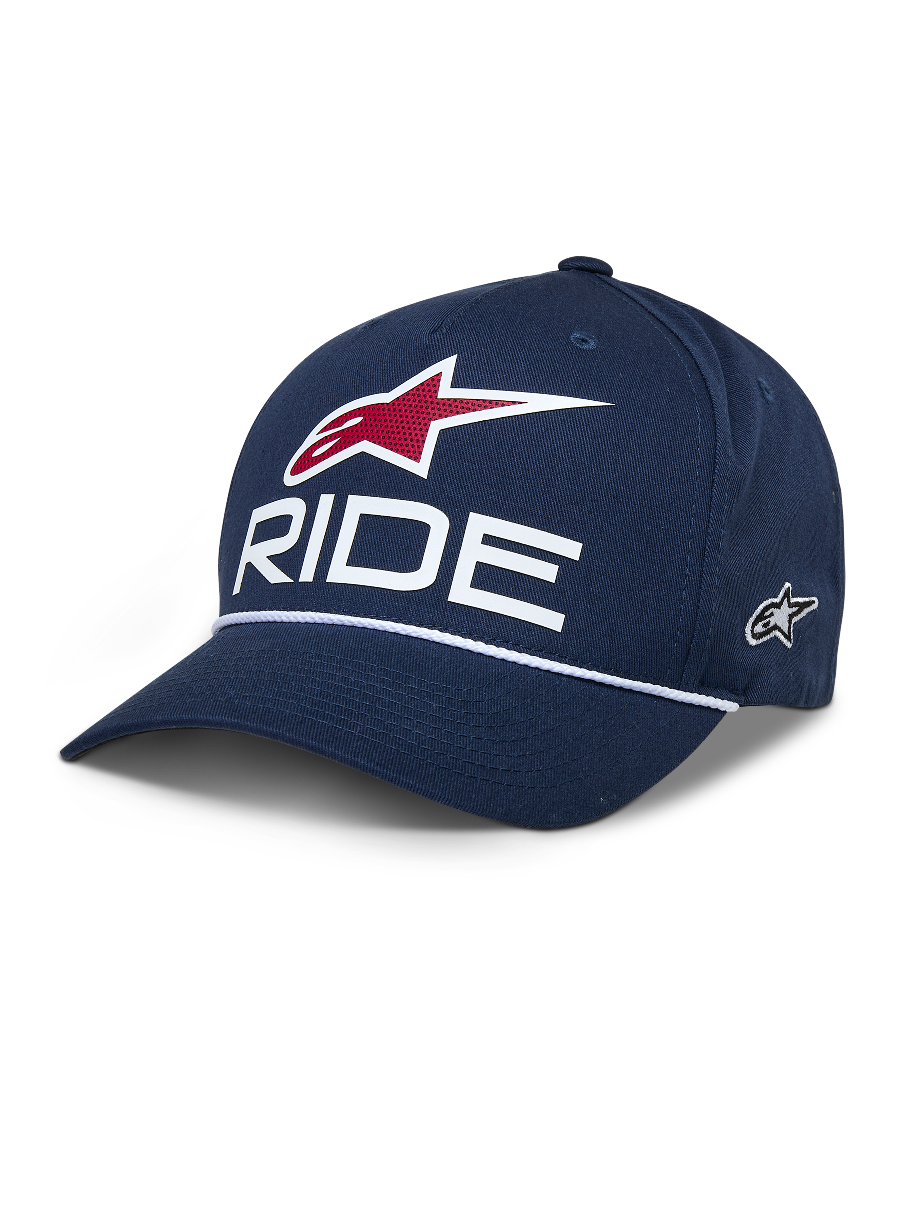 Casquette Snapback Alpinestars Ride Comp, casquette de baseball bleu marine, logos RIDE blanc et étoile rouge, visière incurvée avec corde tressée blanche, accessoire décontracté style motorsport