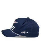 Casquette Snapback Alpinestars Ride Comp, bleu marine, blanc et rouge, vue latérale, couronne structurée avec visière incurvée, garniture en corde tressée blanche, logo latéral brodé, couvre-chef motorsport décontracté