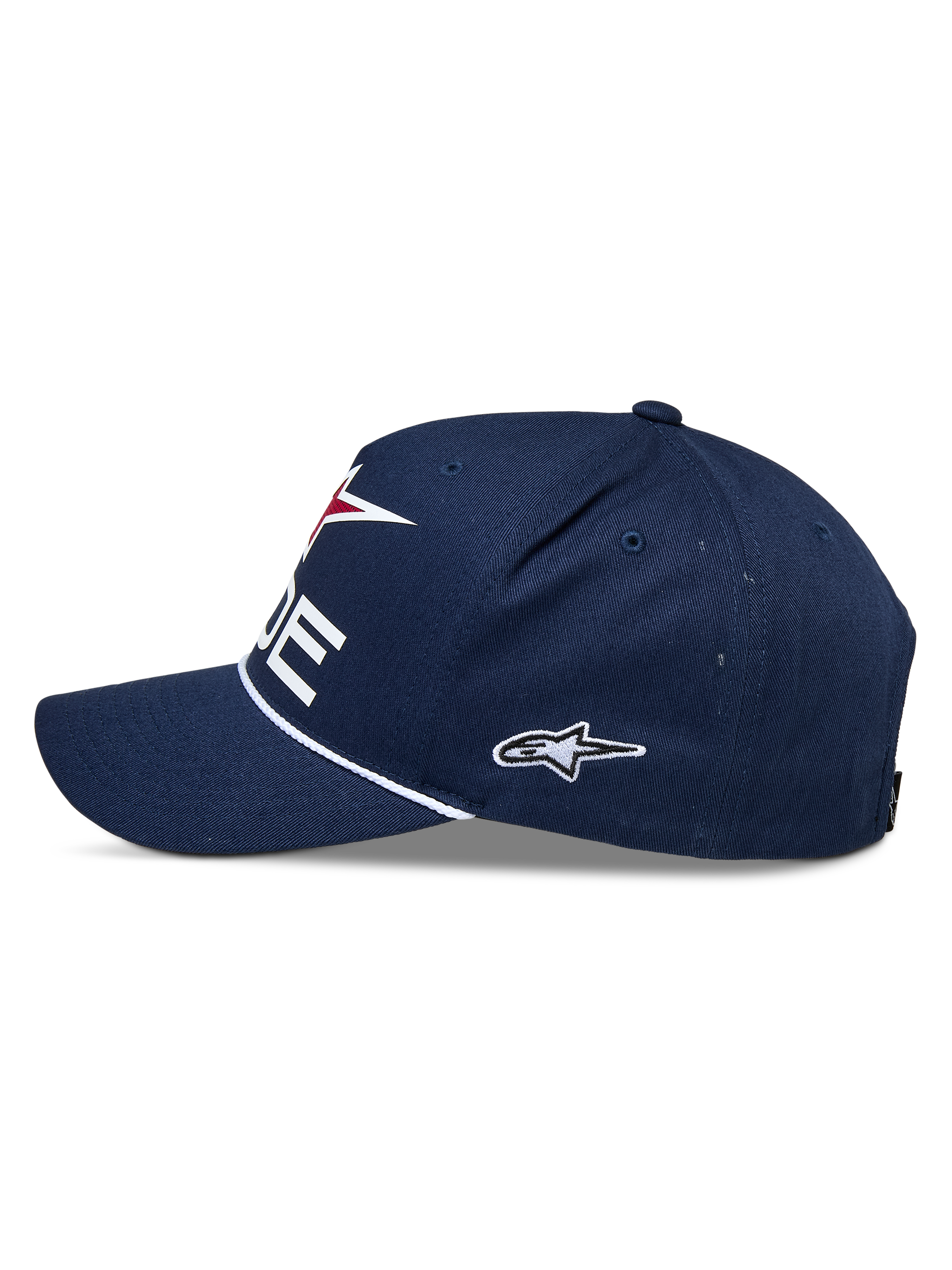 Casquette Snapback Alpinestars Ride Comp, bleu marine, blanc et rouge, vue latérale, couronne structurée avec visière incurvée, garniture en corde tressée blanche, logo latéral brodé, couvre-chef motorsport décontracté