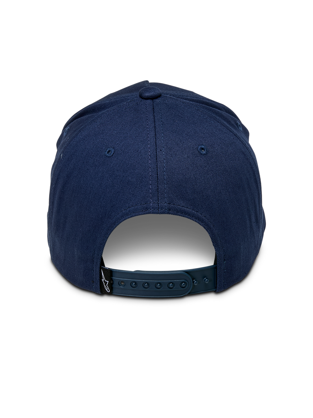 Casquette Snapback Alpinestars Ride Comp, bleu marine, vue arrière montrant la fermeture à pression réglable, petite étiquette logo noire, couronne structurée en sergé de coton, couvre-chef décontracté inspiré du sport automobile