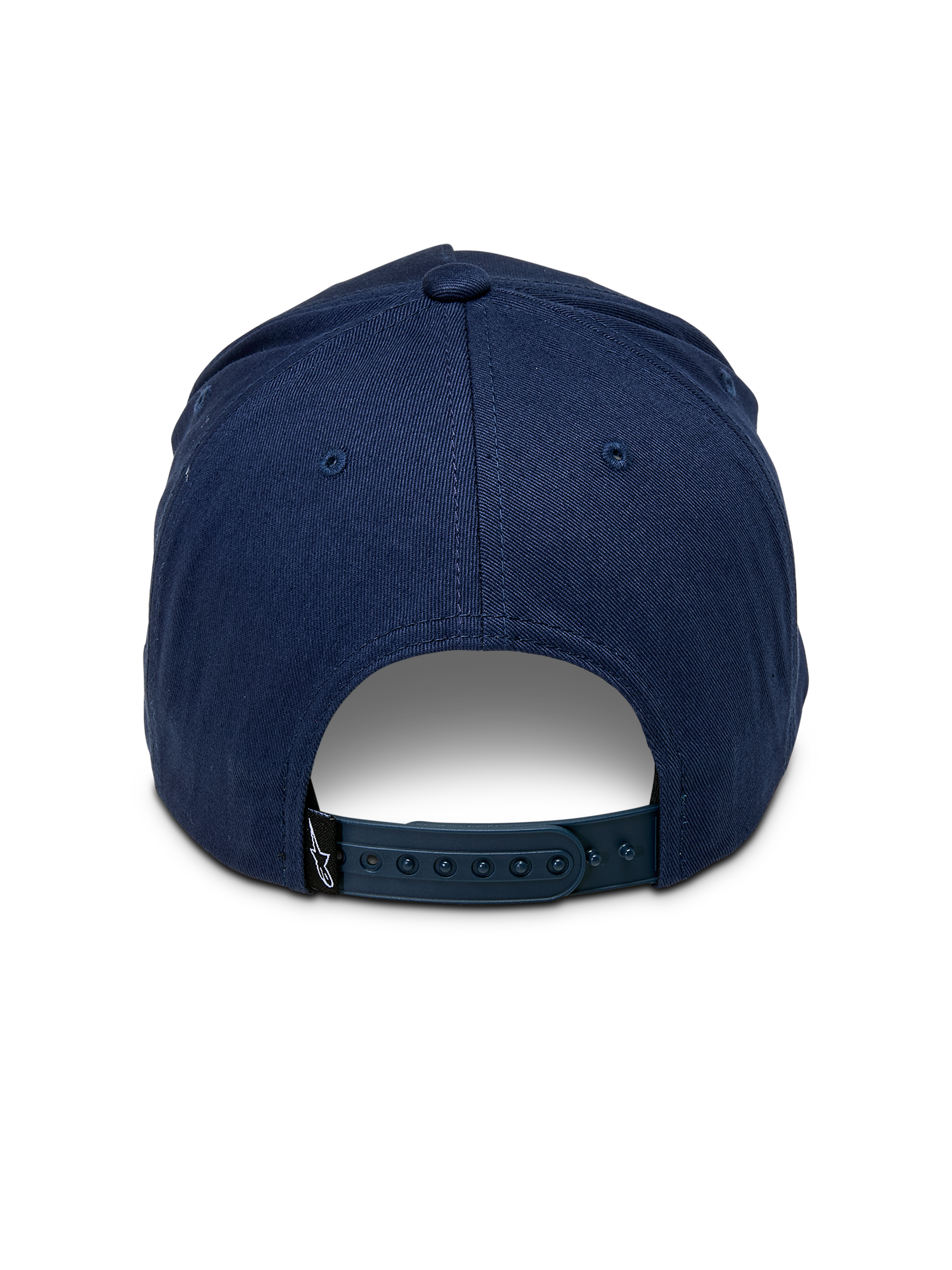 Casquette Snapback Alpinestars Ride Comp, bleu marine, vue arrière montrant la fermeture à pression réglable, petite étiquette logo noire, couronne structurée en sergé de coton, couvre-chef décontracté inspiré du sport automobile