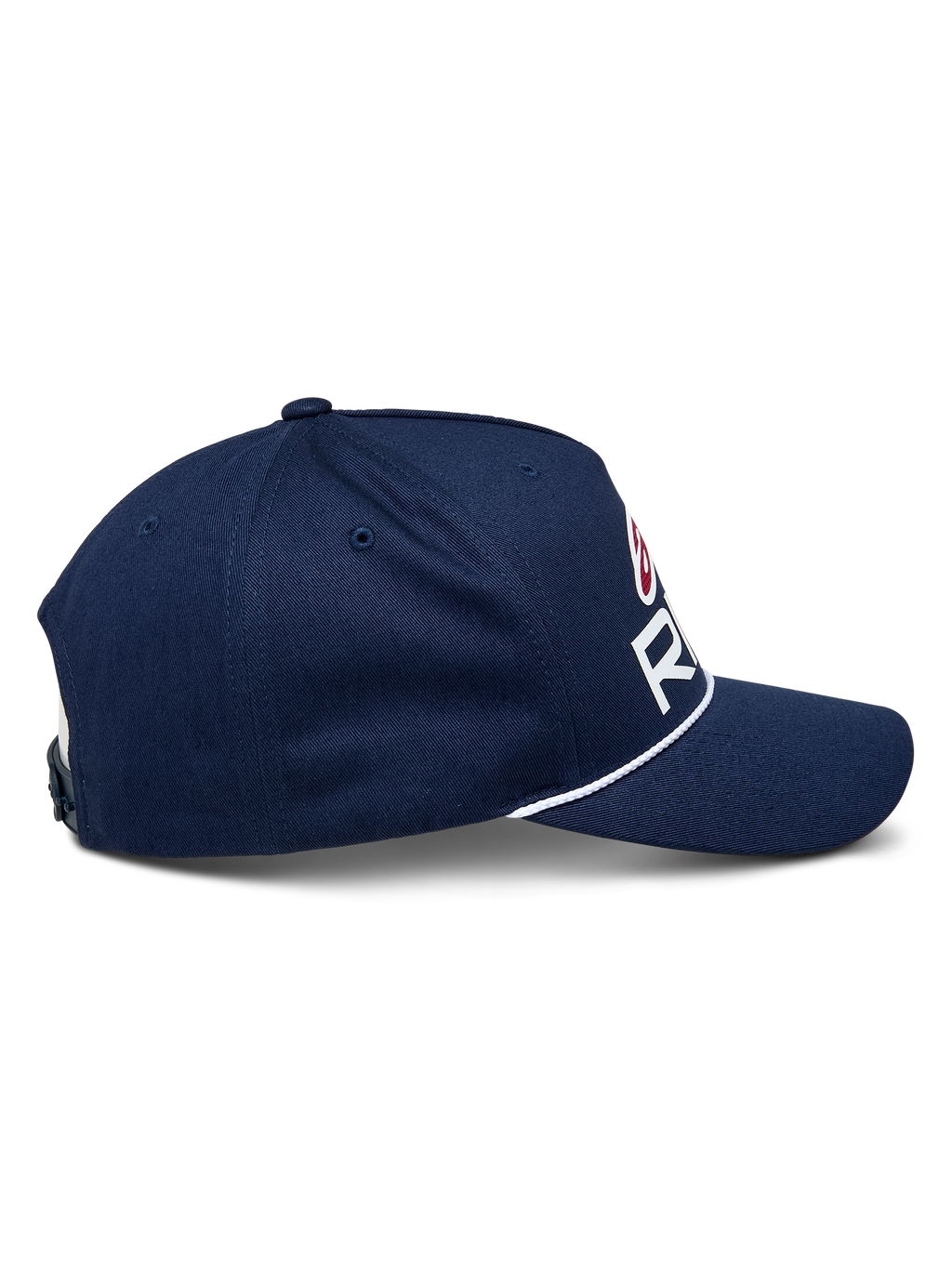 Casquette Snapback Alpinestars Ride Comp, bleu marine avec accents blancs et rouges, vue de profil montrant la visière incurvée et la garniture en corde tressée blanche, couronne structurée, accessoire de sport mécanique décontracté