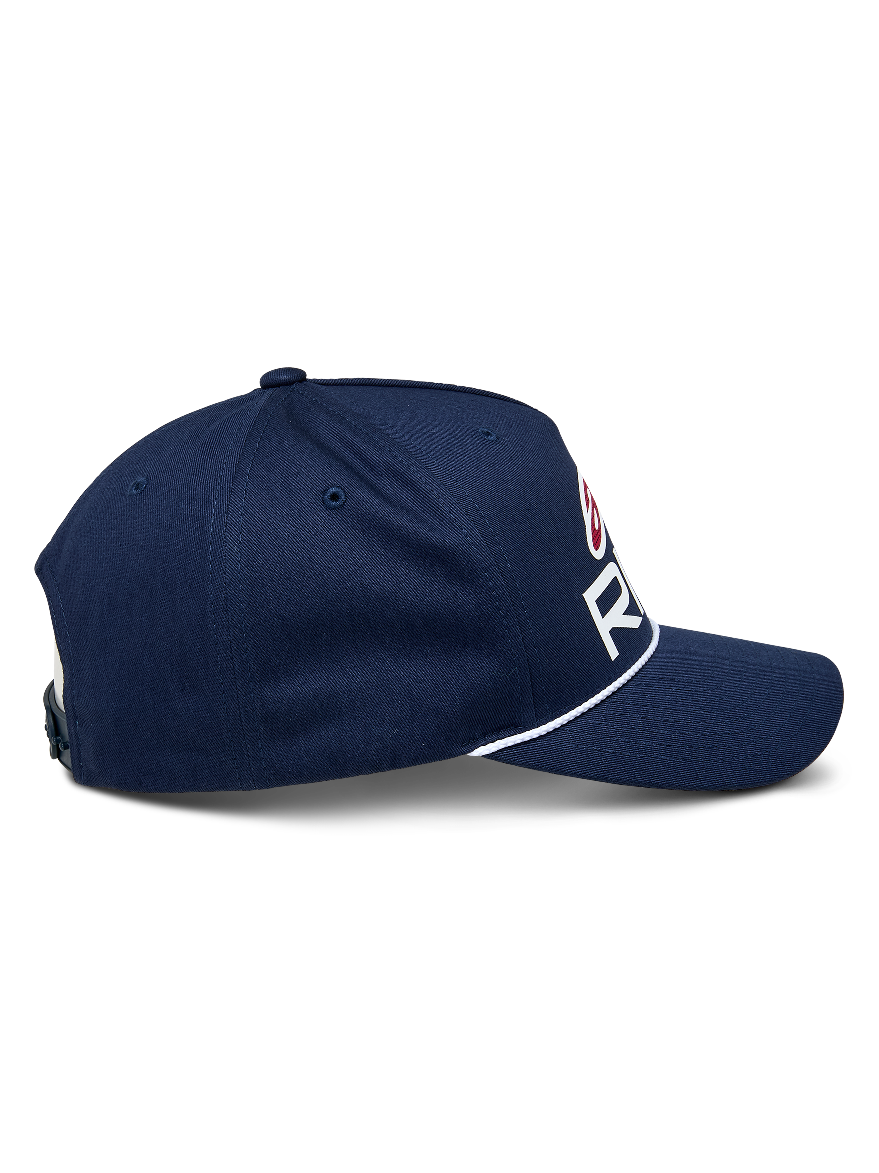 Casquette Snapback Alpinestars Ride Comp, bleu marine avec accents blancs et rouges, vue de profil montrant la visière incurvée et la garniture en corde tressée blanche, couronne structurée, accessoire de sport mécanique décontracté