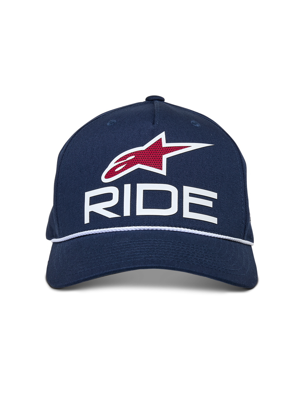 Casquette Snapback Alpinestars Ride Comp, bleu marine avec accents blancs et rouges, logo RIDE en 3D, emblème étoile rouge et garniture en corde tressée blanche, visière incurvée, accessoire lifestyle motorsport décontracté