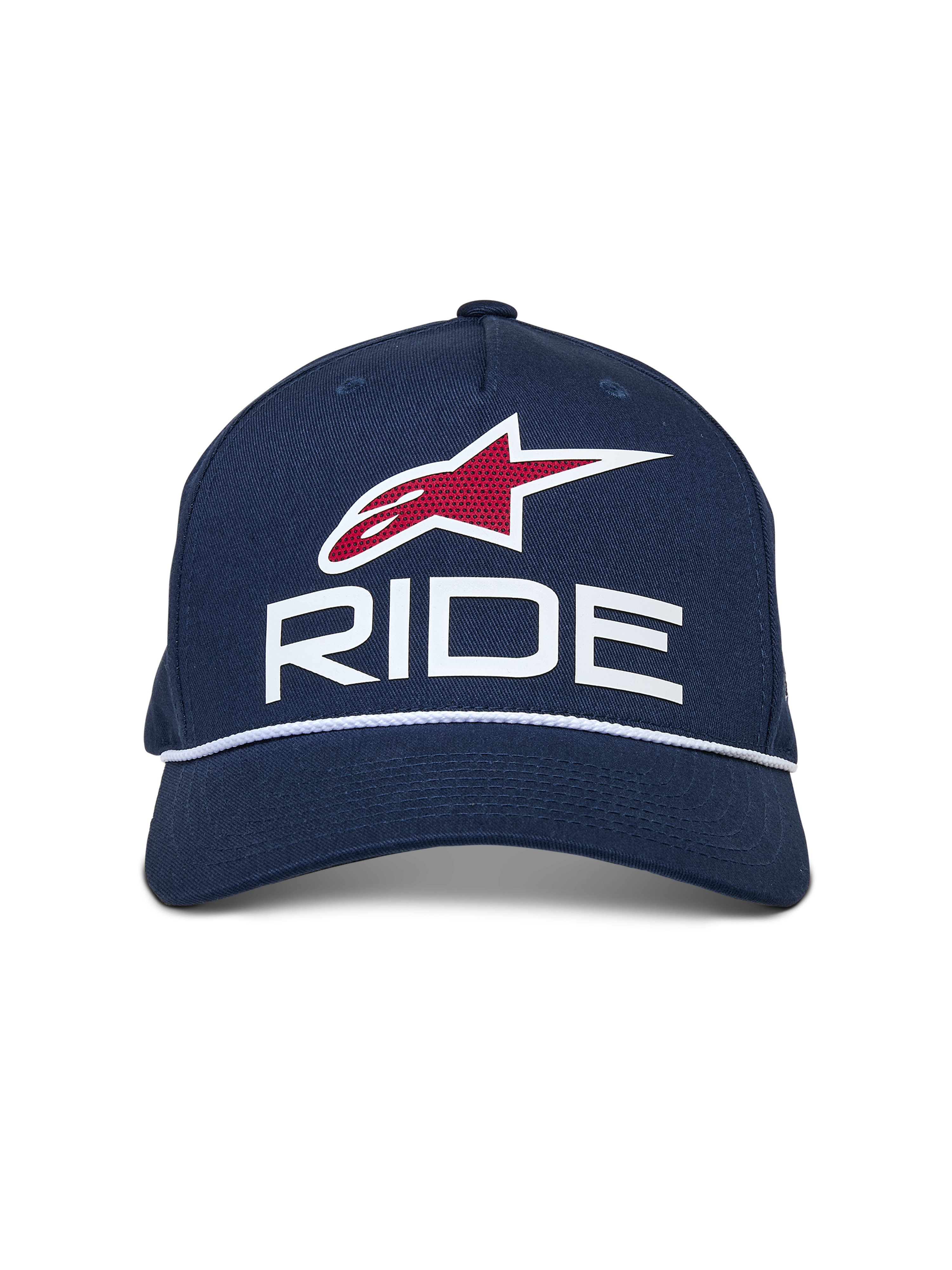 Casquette Snapback Alpinestars Ride Comp, bleu marine avec accents blancs et rouges, logo RIDE en 3D, emblème étoile rouge et garniture en corde tressée blanche, visière incurvée, accessoire lifestyle motorsport décontracté