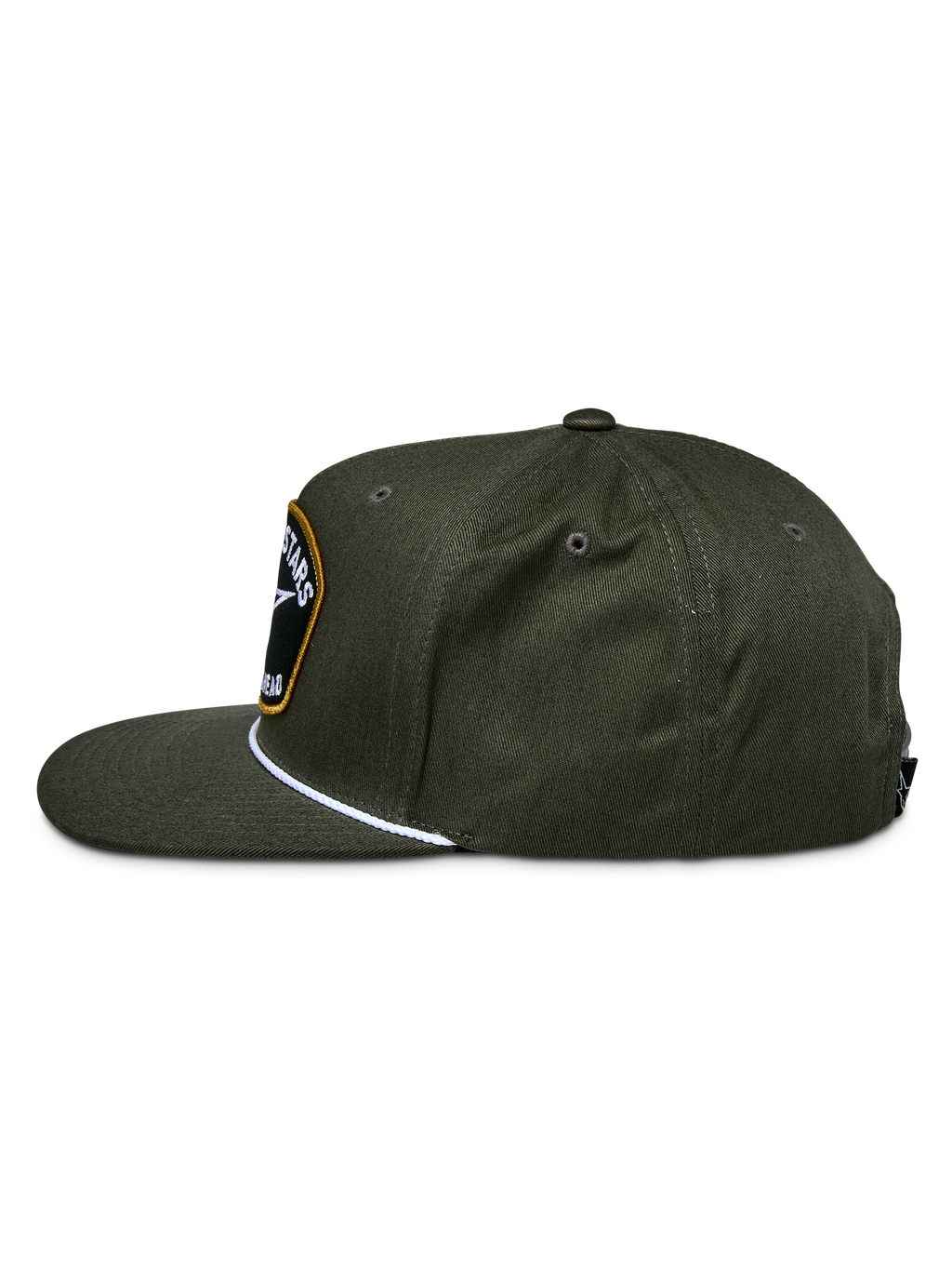 Alpinestars Promptus Snapback Hat, Military Green, side view showing the structured crown and flat bill, featuring a white braided rope detail and a front embroidered logo patch, cotton twill casual headwear