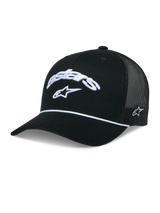 Casquette Trucker Alpinestars Agree, noir, logo Astars courbé brodé blanc à l'avant, détail de cordelette tressée blanche à la couture de la visière, arrière en maille noire, couronne structurée avec visière courbée