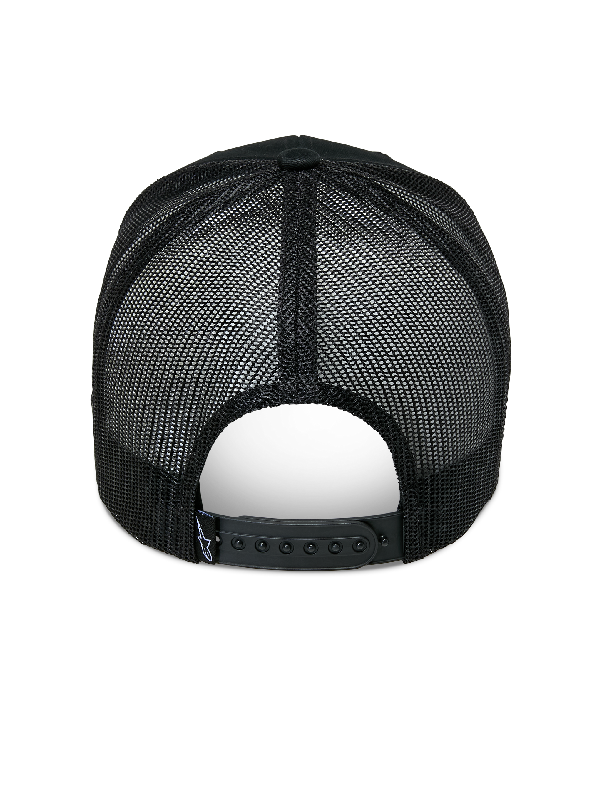 Casquette Trucker Alpinestars Agree, vue arrière, noire, arrière en maille polyester respirante avec fermeture snapback réglable et petite étiquette de logo blanche, couvre-chef décontracté inspiré du sport automobile