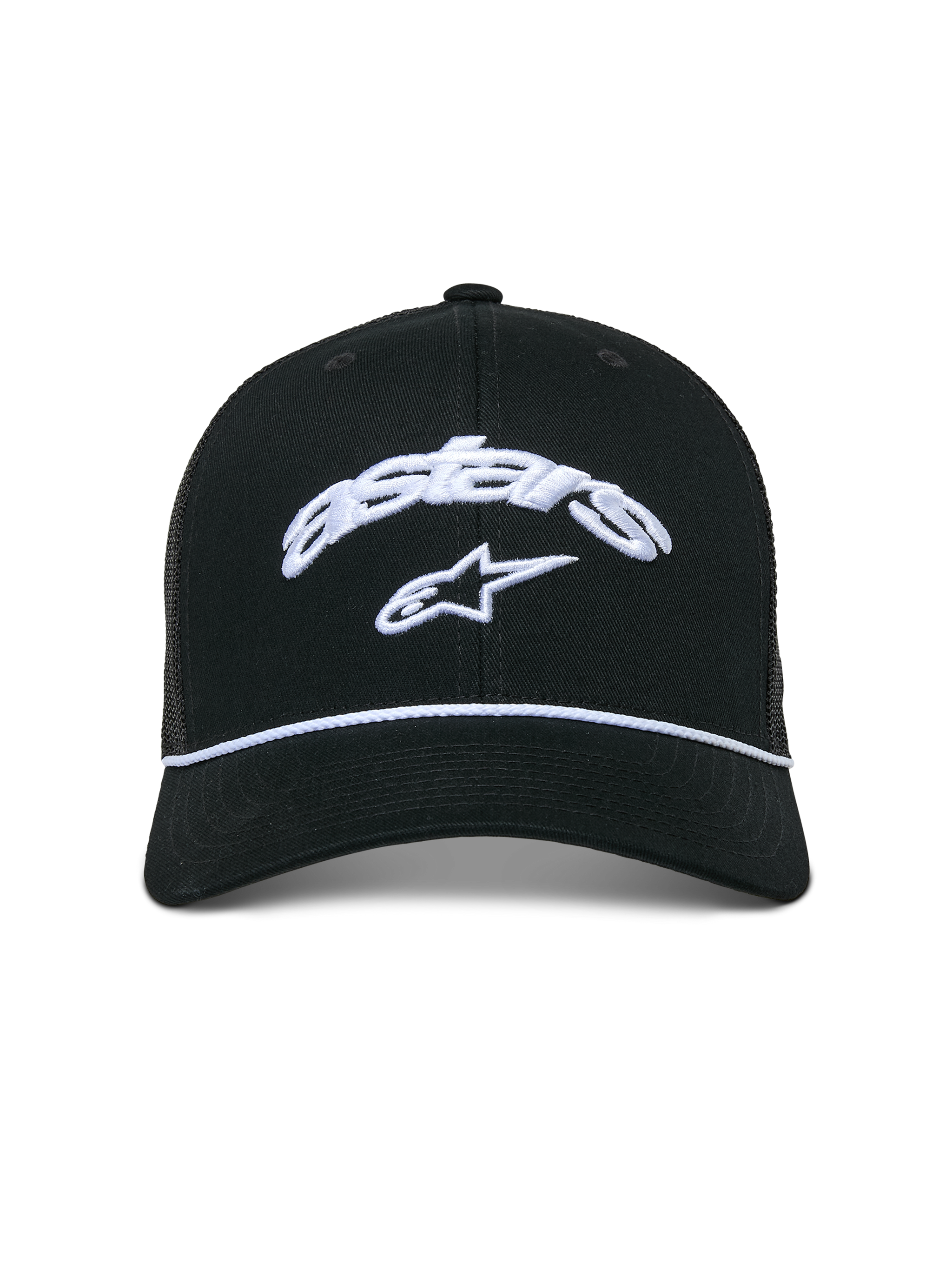 Casquette Trucker Alpinestars Agree, noire, couronne structurée avec visière courbée, logo Astars courbé et étoile brodés en blanc, détail de cordelette tressée blanche, arrière en maille respirante, couvre-chef décontracté inspiré du sport automobile