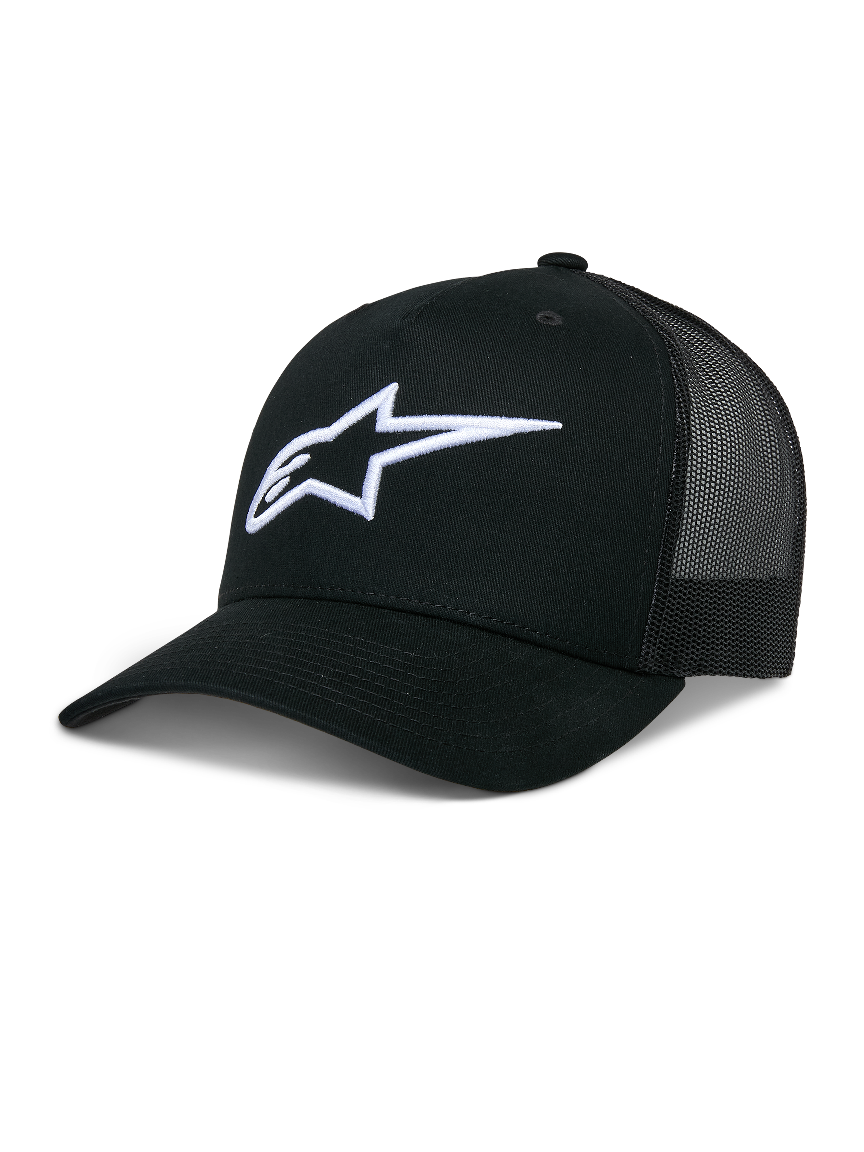 Alpinestars Ageless Trucker Hat, casquette de baseball noire avec dos en mesh, logo Astars blanc brodé en 3D, couronne structurée et visière incurvée, accessoire lifestyle décontracté