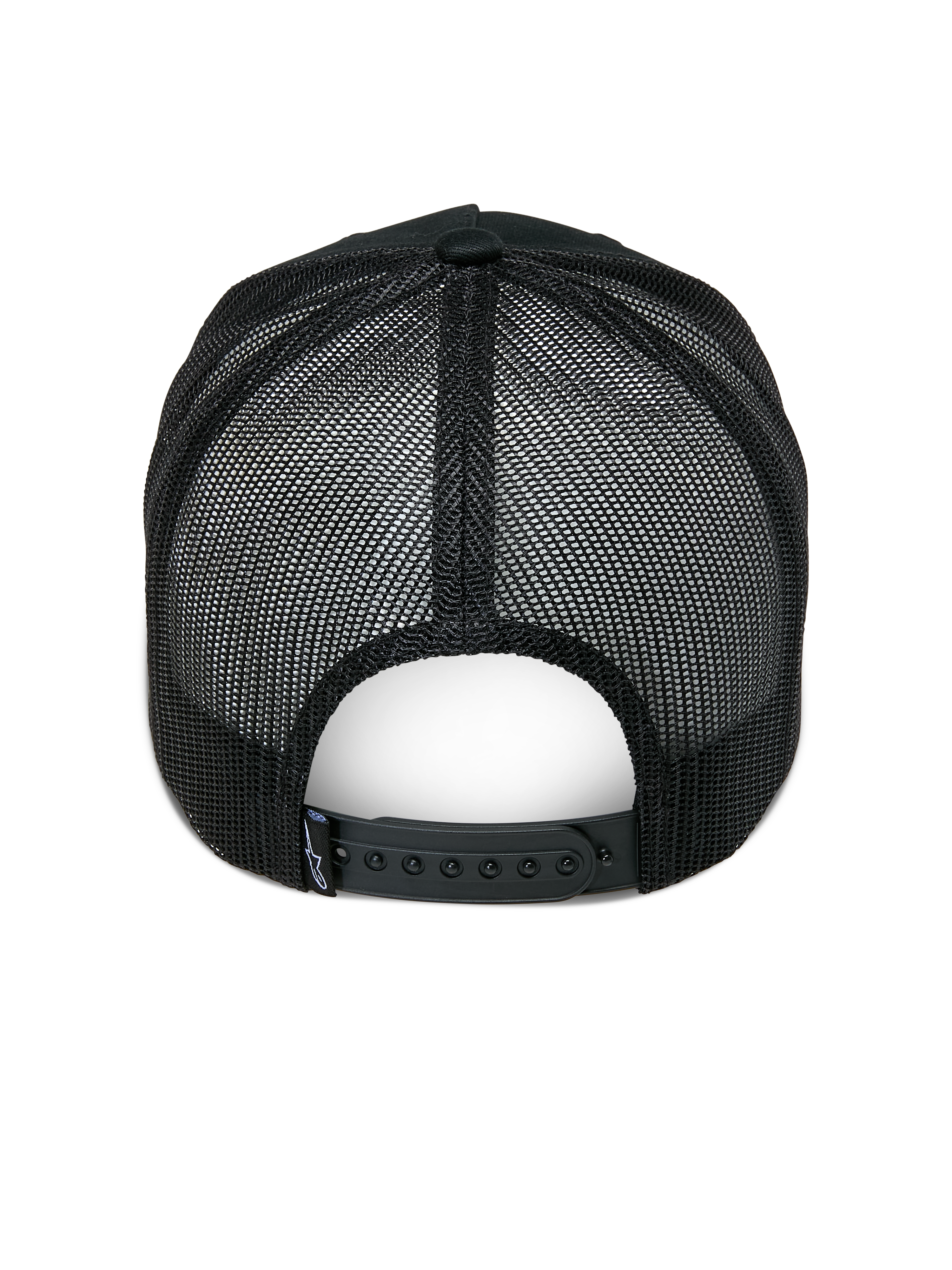 Casquette Trucker Alpinestars Ageless, noire, vue arrière, avec panneaux arrière en maille noire, fermeture snapback réglable et petite étiquette logo Astars à l'arrière, couvre-chef décontracté inspiré du sport automobile