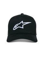 Casquette Trucker Alpinestars Ageless, casquette décontractée de type trucker, noire avec logo Astars blanc brodé en 3D, dotée d'une visière incurvée et de panneaux arrière en maille, streetwear inspiré des sports mécaniques