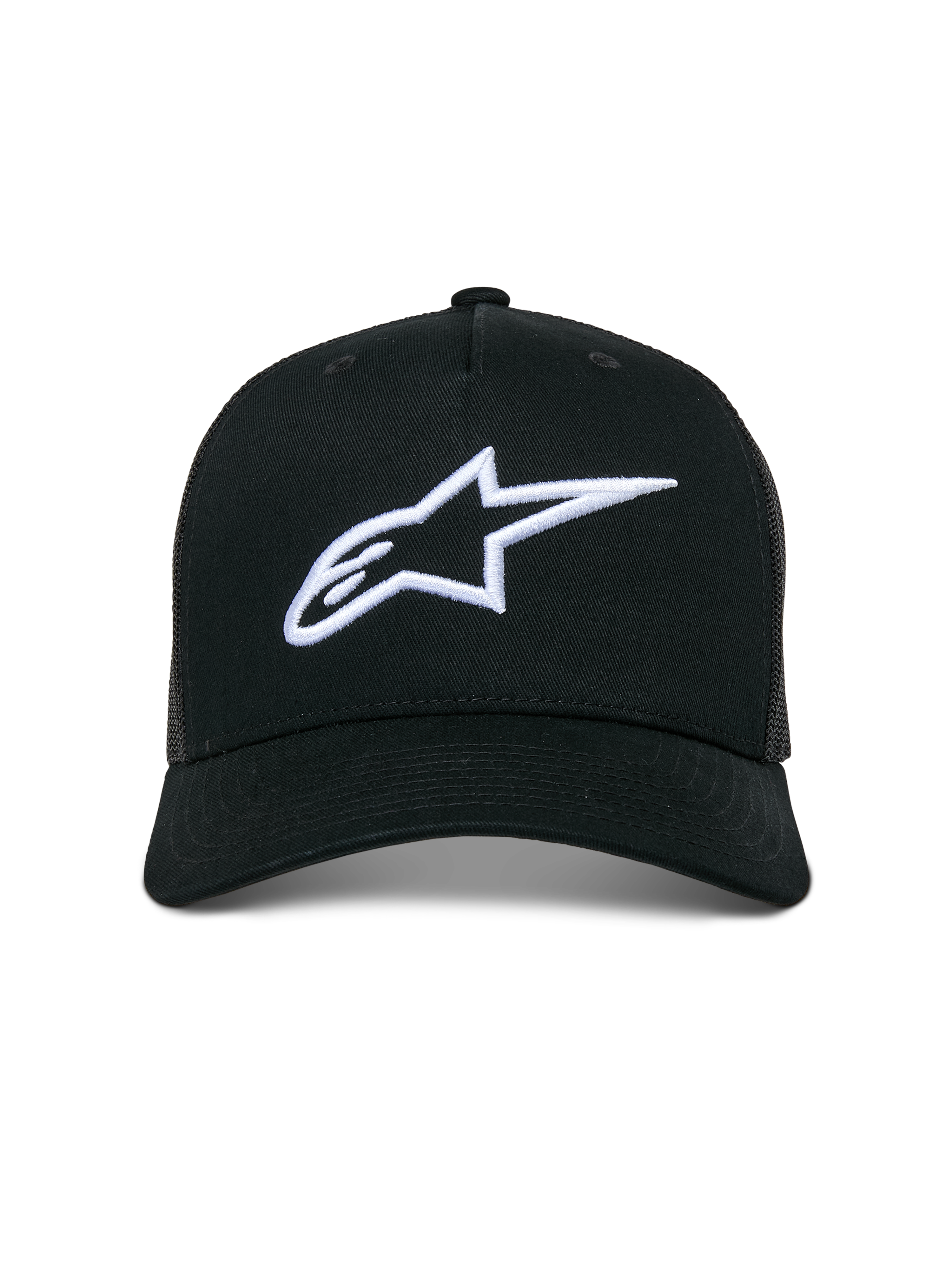 Casquette Trucker Alpinestars Ageless, casquette décontractée de type trucker, noire avec logo Astars blanc brodé en 3D, dotée d'une visière incurvée et de panneaux arrière en maille, streetwear inspiré des sports mécaniques