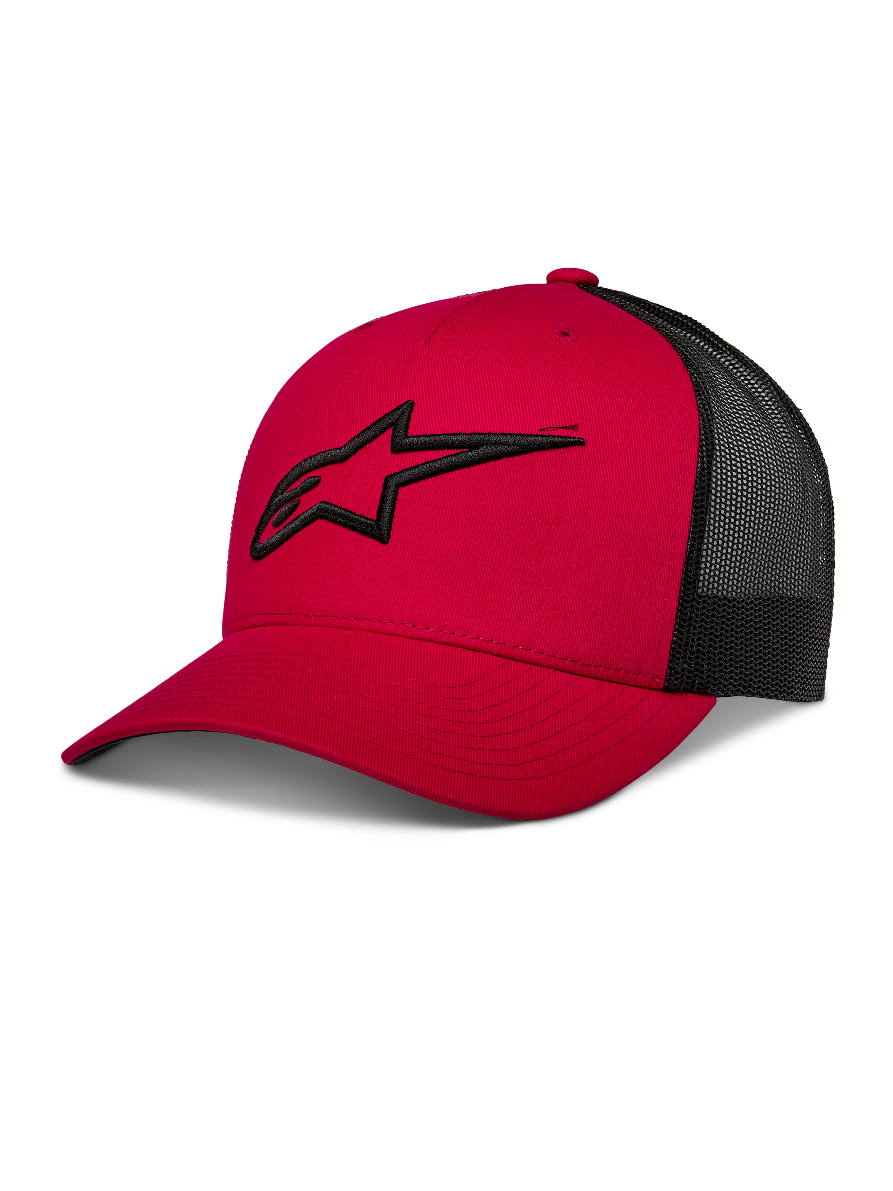 Alpinestars Ageless Trucker Hat, rouge et noir, casquette de baseball avec arrière en maille, visière courbée, logo Astars noir brodé en 3D, couronne structurée, style sportswear motorsport décontracté
