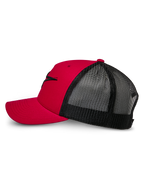Alpinestars Ageless Trucker Hat, Red and Black, side view featuring curved bill and structured front with black 3D embroidered Astars logo, black mesh back for breathability, classic motorsport-inspired design
