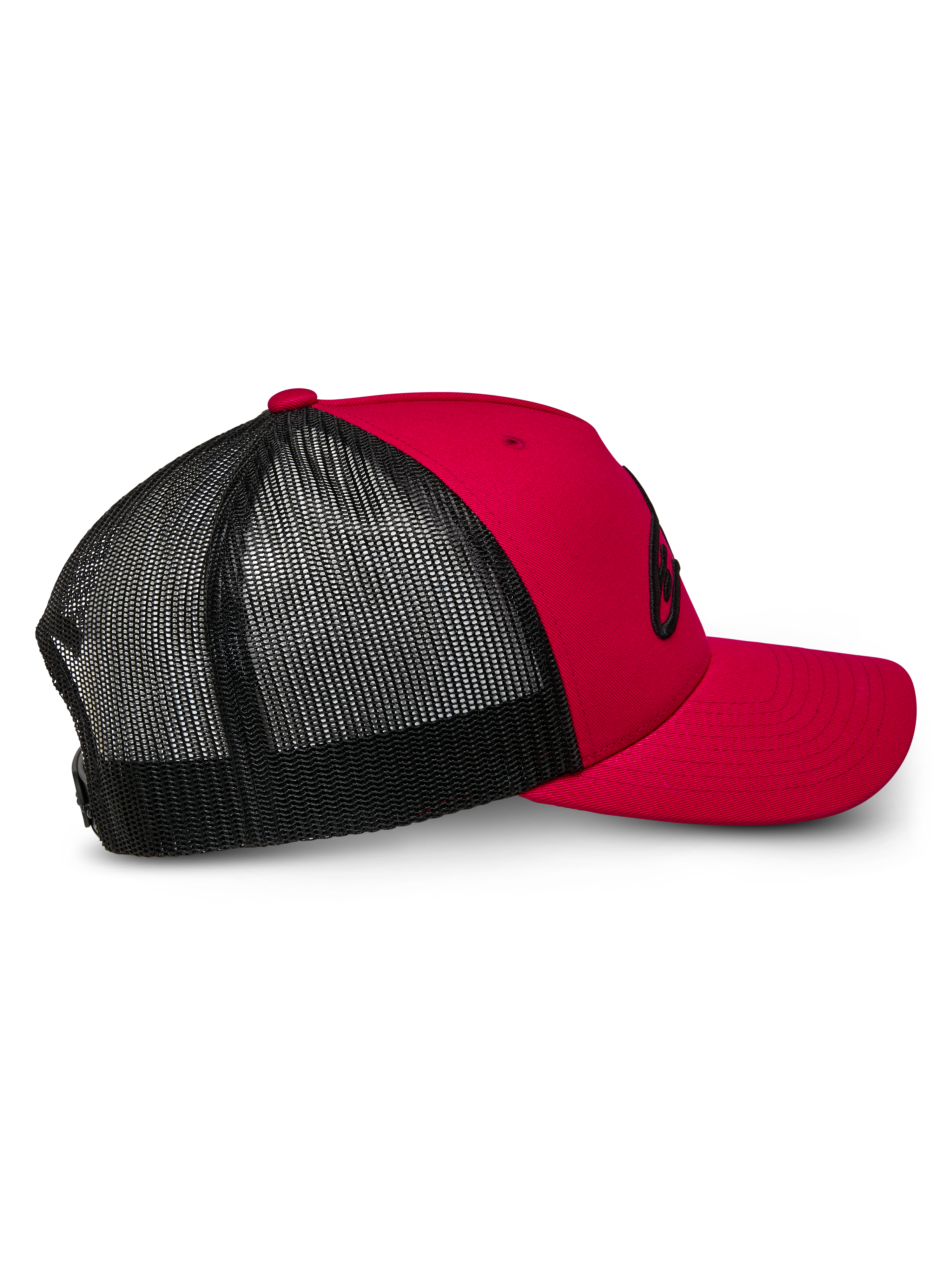 Alpinestars Ageless Trucker Hat, Red and Black, side profile view showing red structured front and curved bill with black breathable mesh back panels, casual motorsport-inspired headwear