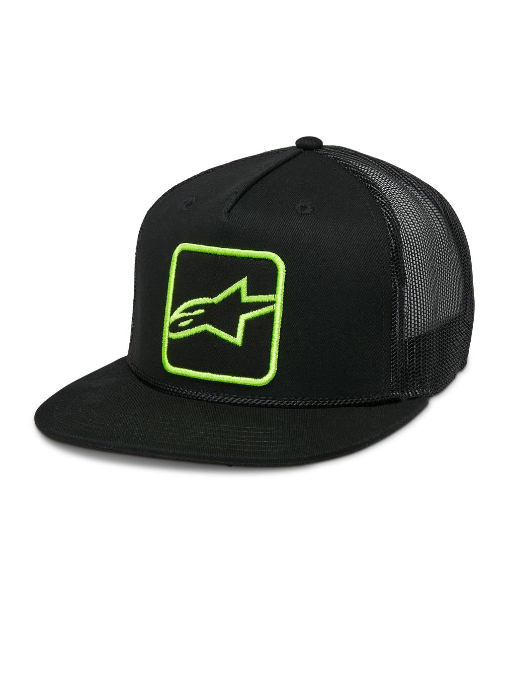 Alpinestars Control Trucker Hat, casquette snapback noire avec logo vert néon, dos en maille, visière plate avec détail de cordelette tressée, panneau avant structuré avec logo Astars brodé, style sport automobile décontracté