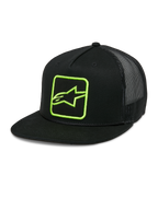 Alpinestars Control Trucker Hat, casquette snapback noire avec logo vert néon, dos en maille, visière plate avec détail de cordelette tressée, panneau avant structuré avec logo Astars brodé, style sport automobile décontracté