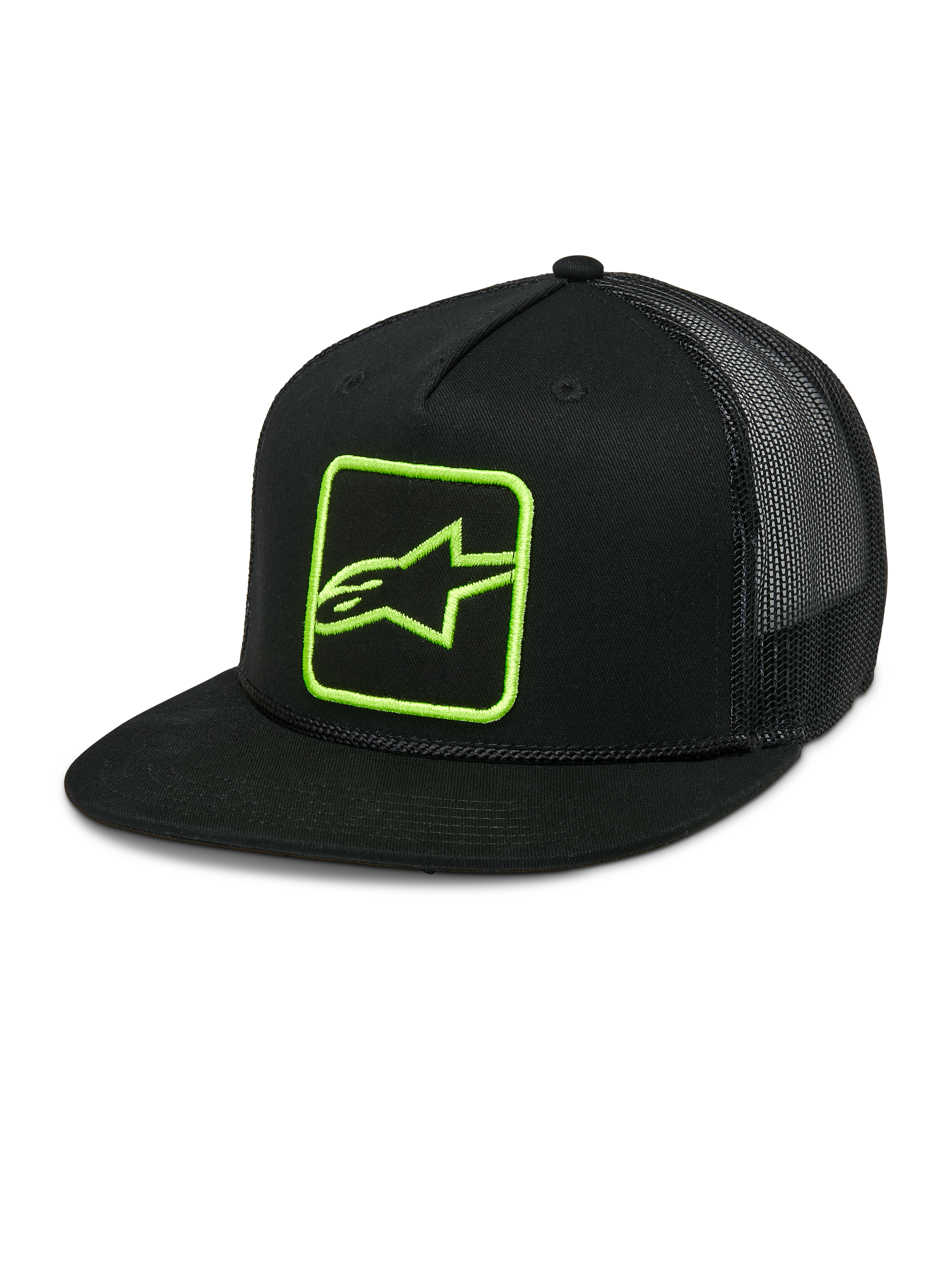 Alpinestars Control Trucker Hat, casquette snapback noire avec logo vert néon, dos en maille, visière plate avec détail de cordelette tressée, panneau avant structuré avec logo Astars brodé, style sport automobile décontracté