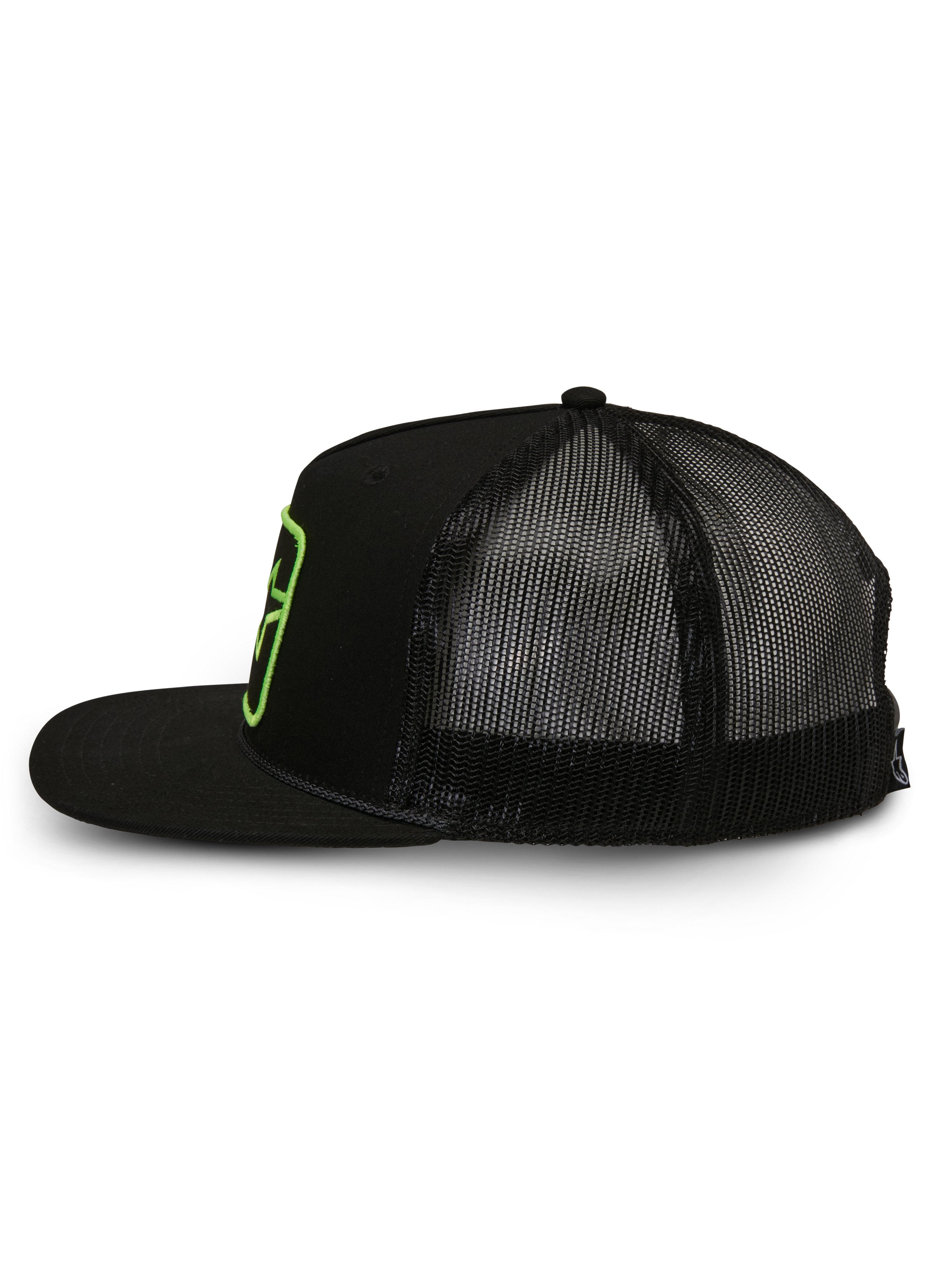 Casquette Trucker Alpinestars Control, casquette trucker, noire, vue de profil montrant l'arrière en maille polyester et l'avant en sergé, visière plate avec détail de cordelette tressée, écusson avec logo brodé vert, streetwear décontracté inspiré des sports mécaniques