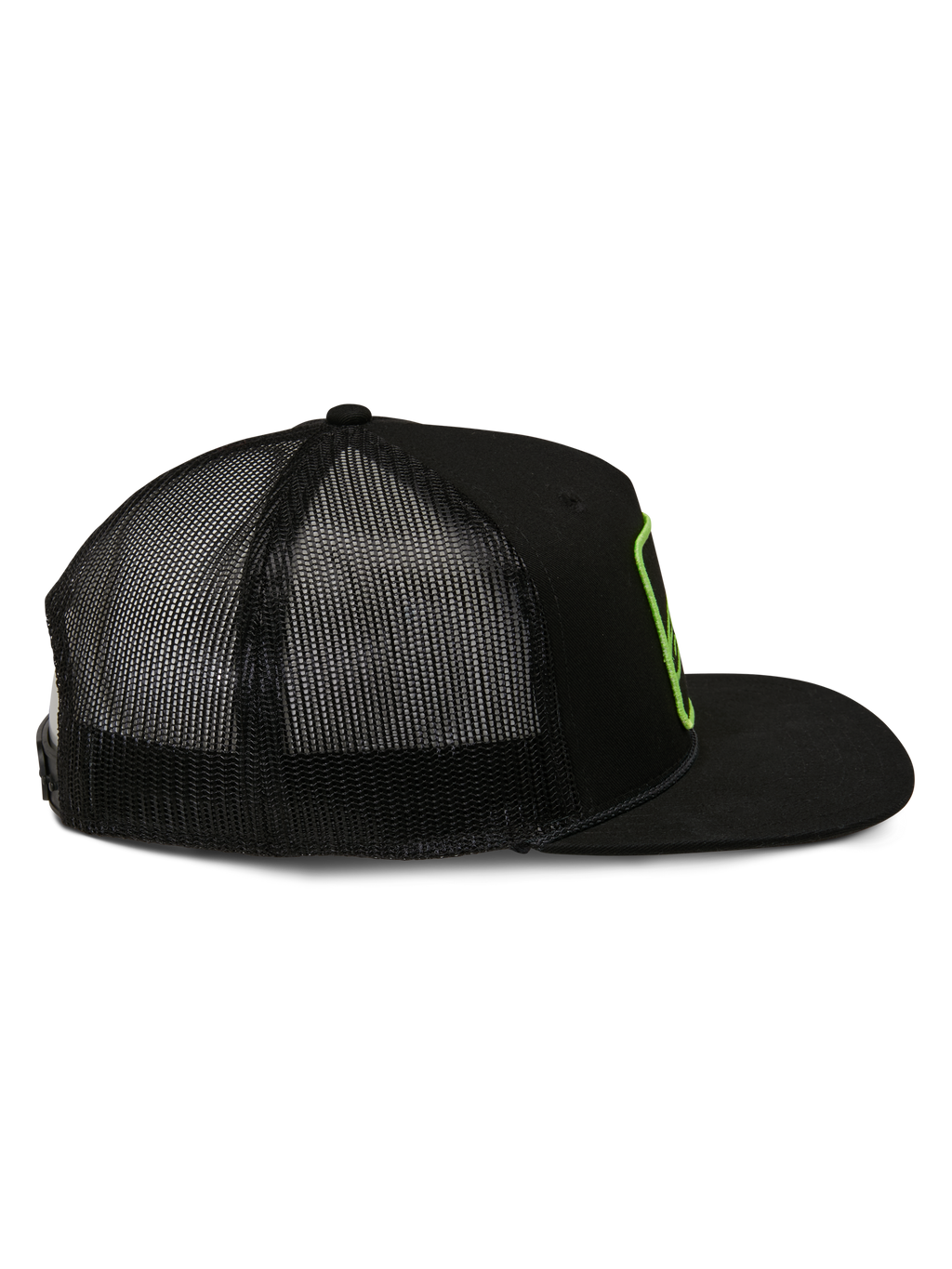 Casquette Trucker Alpinestars Control, casquette trucker, noire, vue de profil avec arrière en maille et visière plate, contour du logo brodé vert citron, streetwear décontracté motorsport