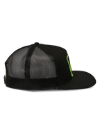 Casquette Trucker Alpinestars Control, casquette trucker, noire, vue de profil avec arrière en maille et visière plate, contour du logo brodé vert citron, streetwear décontracté motorsport