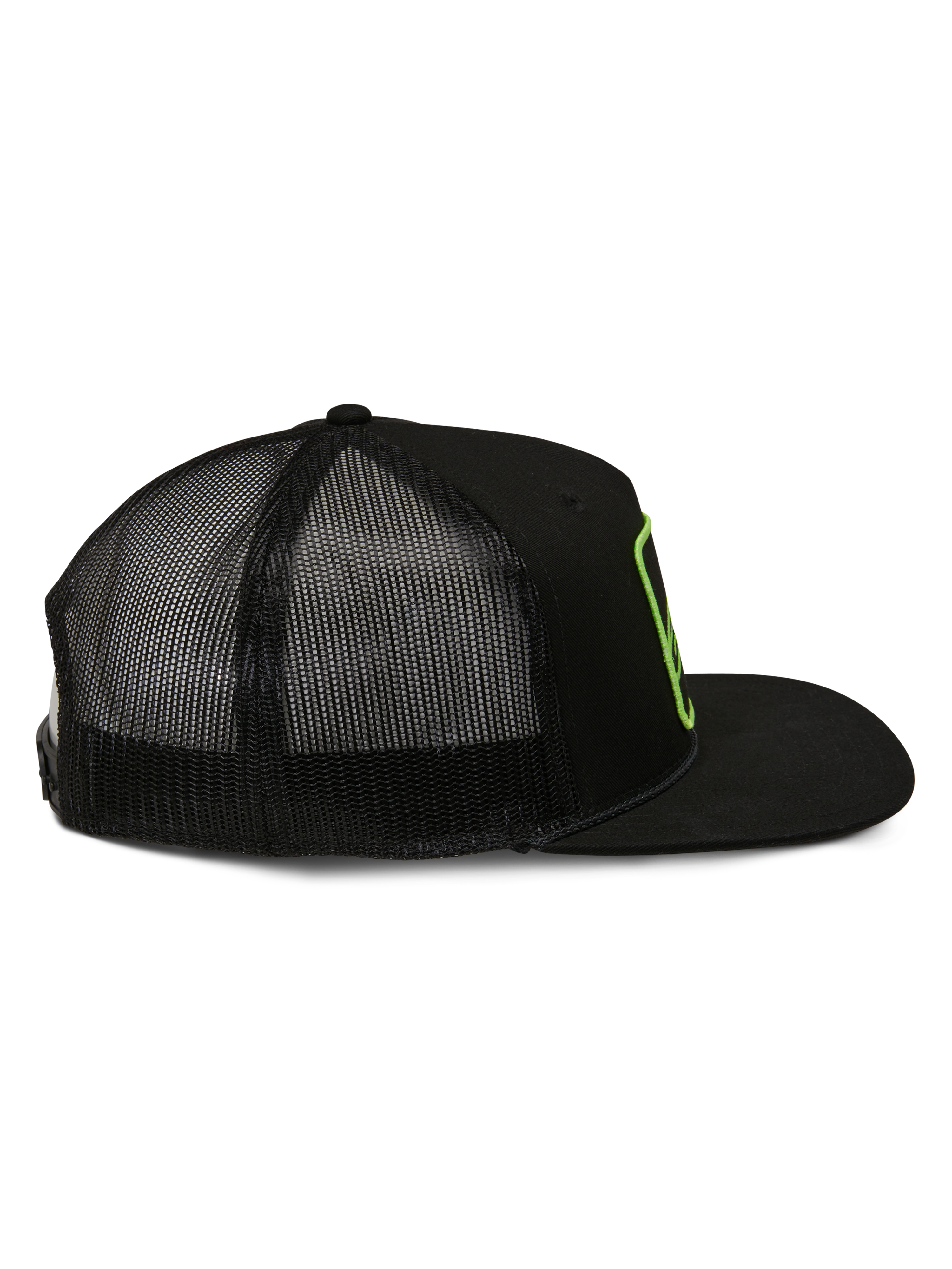 Casquette Trucker Alpinestars Control, casquette trucker, noire, vue de profil avec arrière en maille et visière plate, contour du logo brodé vert citron, streetwear décontracté motorsport