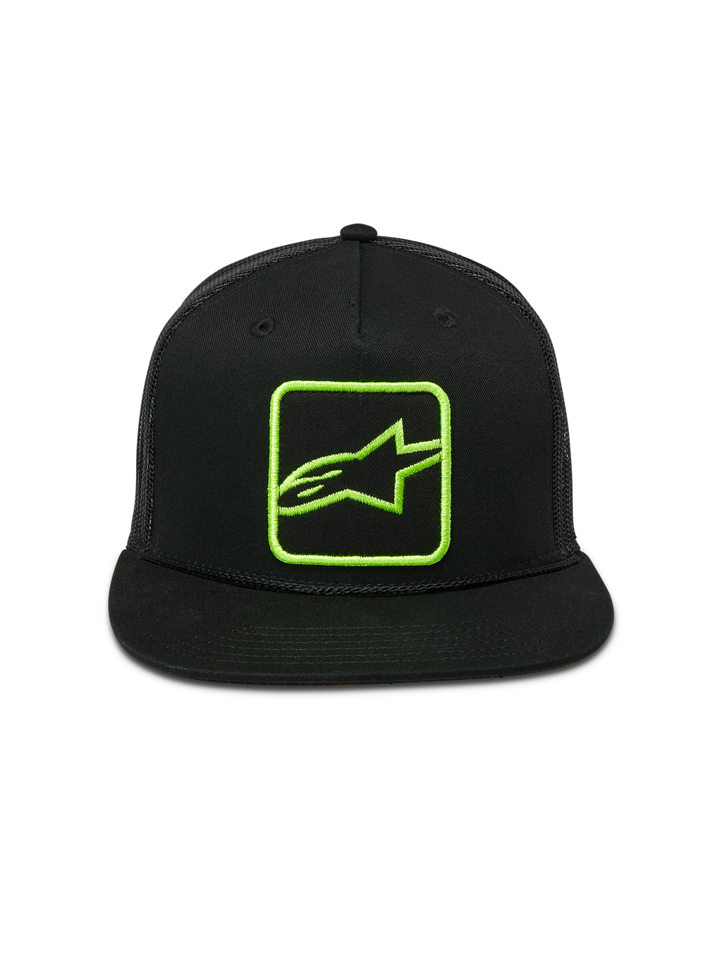 Casquette Trucker Alpinestars Control, noire avec logo brodé vert citron, visière plate avec corde tressée, arrière en maille avec fermeture snapback, style motorsport décontracté
