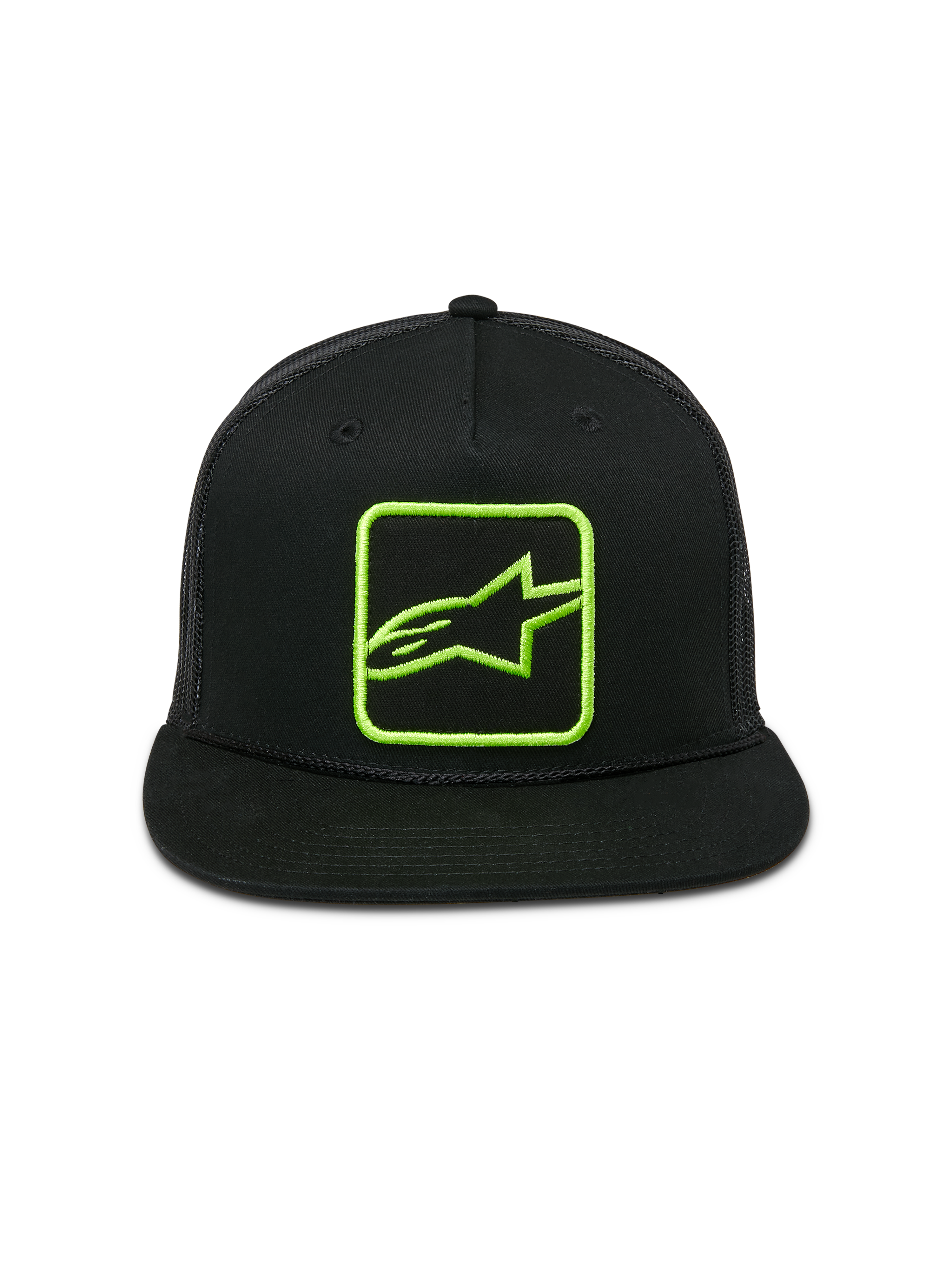 Casquette Trucker Alpinestars Control, noire avec logo brodé vert citron, visière plate avec corde tressée, arrière en maille avec fermeture snapback, style motorsport décontracté