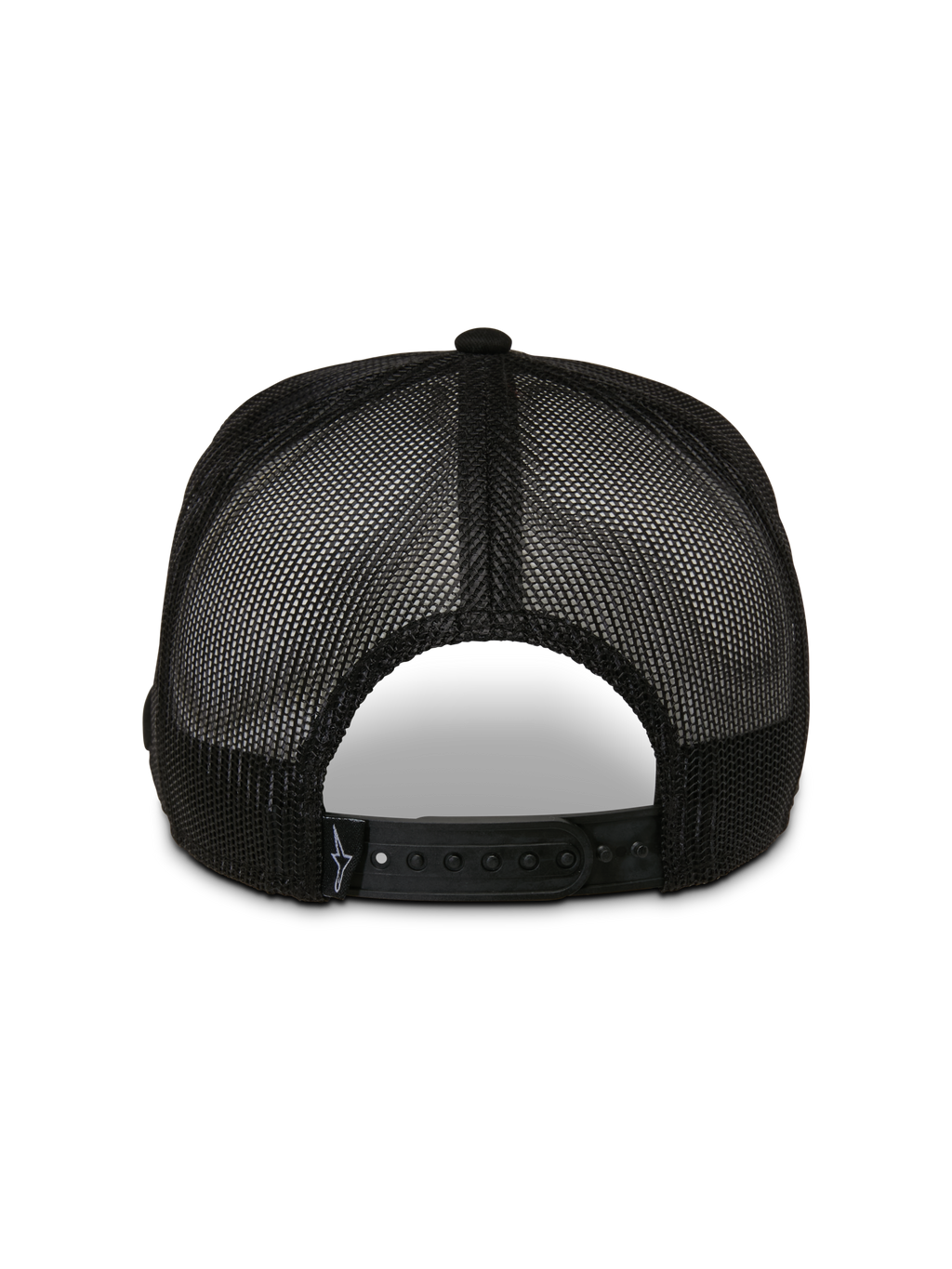 Casquette Trucker Alpinestars Control, vue arrière, noire, avec panneaux en maille respirante et fermeture snapback réglable, couvre-chef décontracté de style motorsport