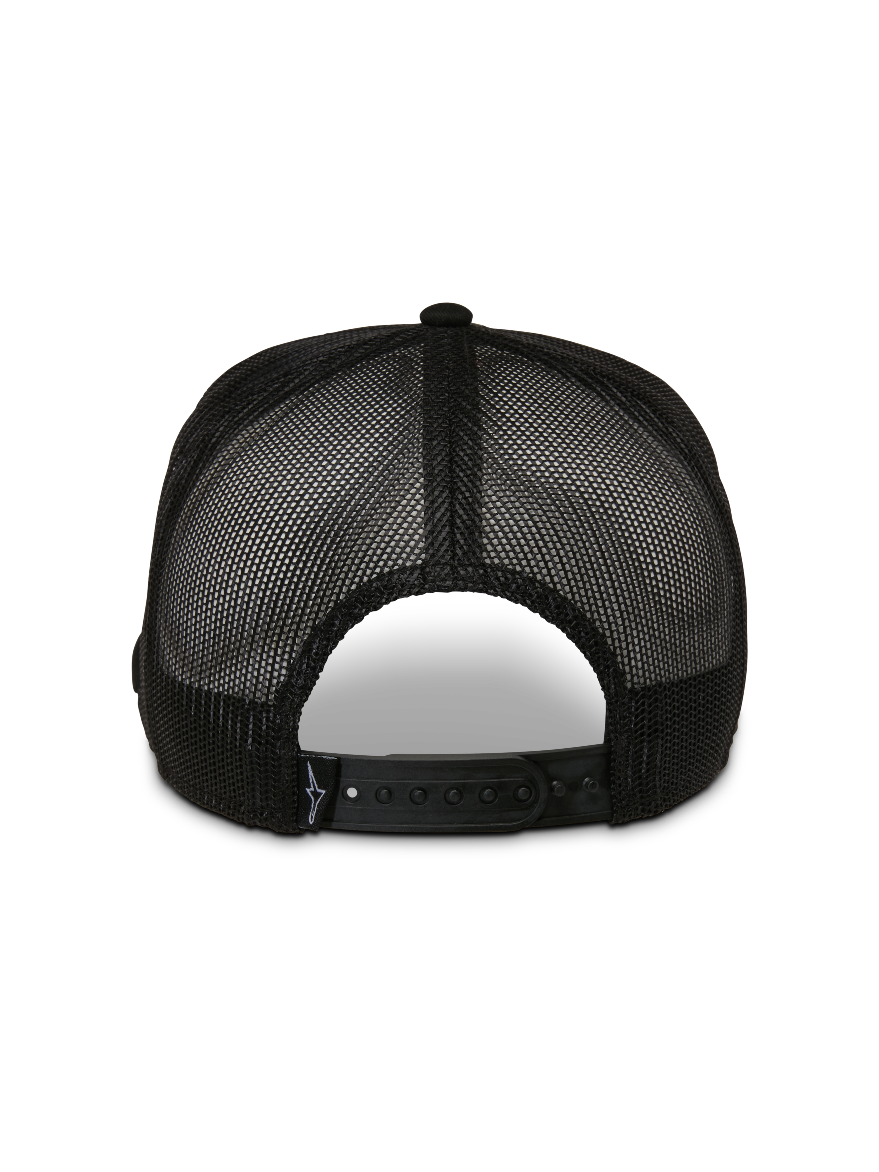 Casquette Trucker Alpinestars Control, vue arrière, noire, avec panneaux en maille respirante et fermeture snapback réglable, couvre-chef décontracté de style motorsport