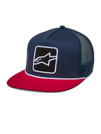 Casquette Trucker Control Alpinestars, bleu marine et rouge, casquette snapback à visière plate avec arrière en maille bleu marine, dotée d'un écusson brodé du logo Astars à l'avant et d'un détail de cordelette tressée blanche, couvre-chef décontracté inspiré du sport automobile