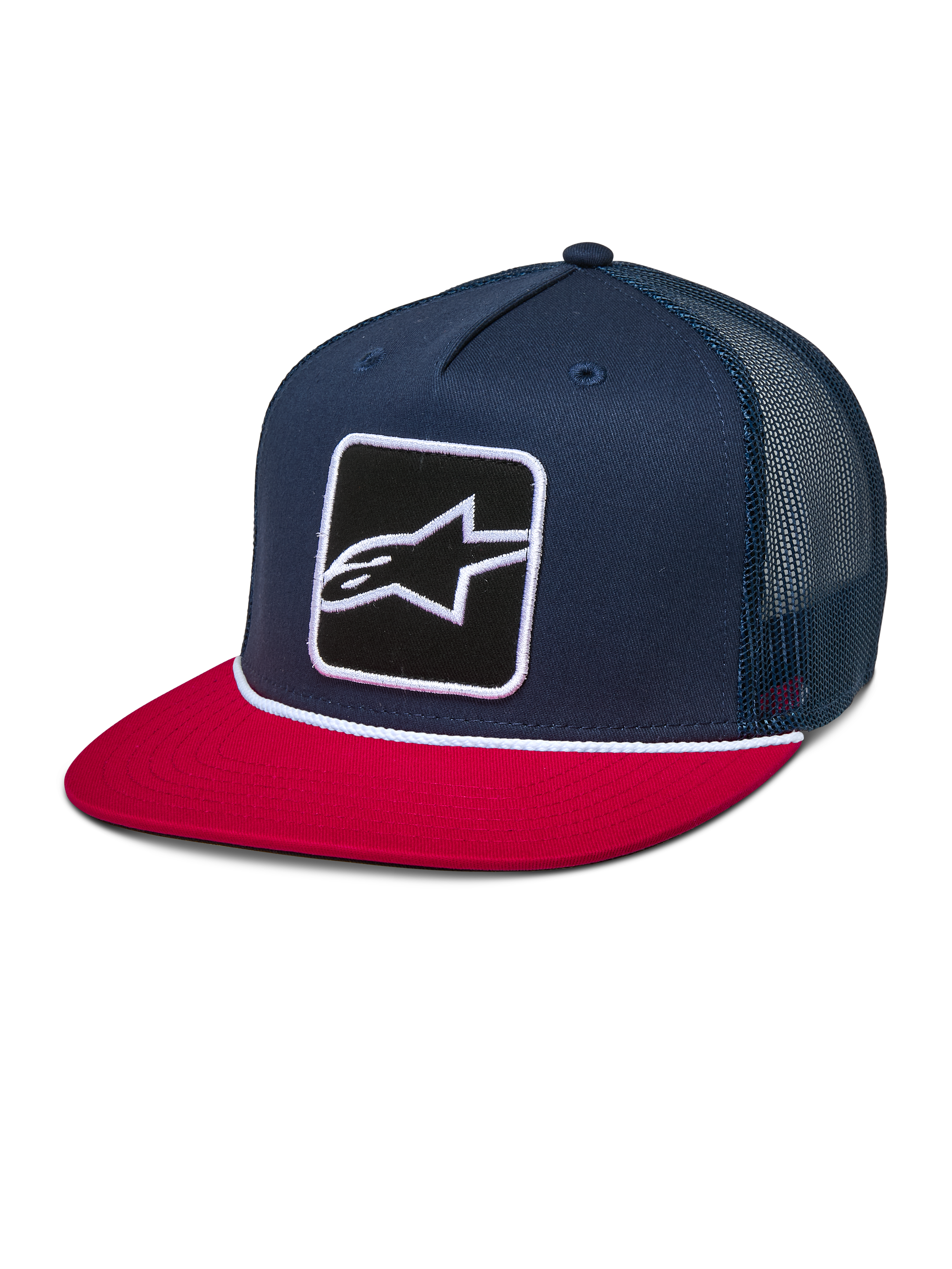 Casquette Trucker Control Alpinestars, bleu marine et rouge, casquette snapback à visière plate avec arrière en maille bleu marine, dotée d'un écusson brodé du logo Astars à l'avant et d'un détail de cordelette tressée blanche, couvre-chef décontracté inspiré du sport automobile