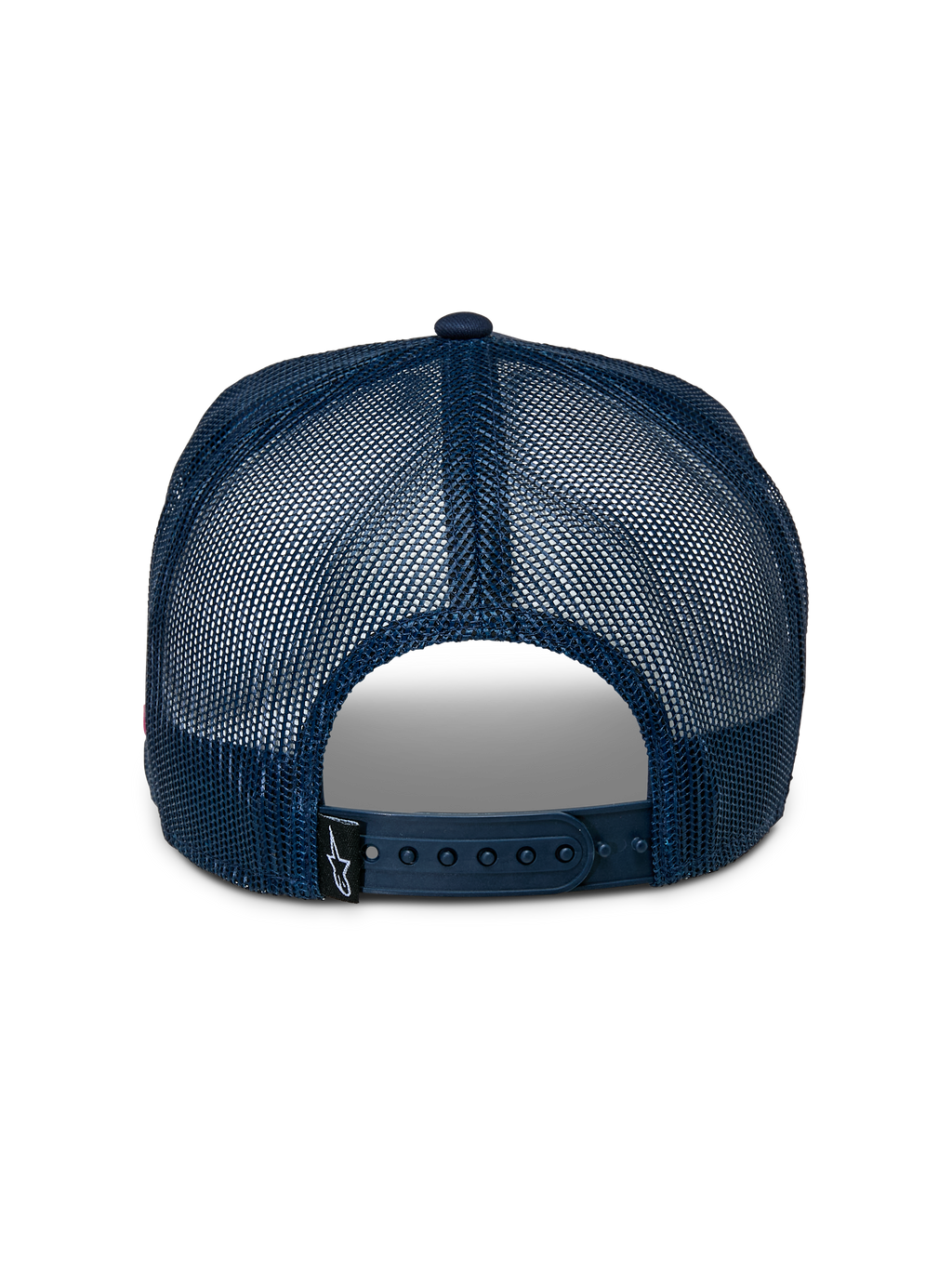 Casquette Trucker Alpinestars Control, vue arrière, arrière en maille bleu marine, fermeture snapback réglable, petite étiquette noire avec logo Astars, accessoire de sport décontracté