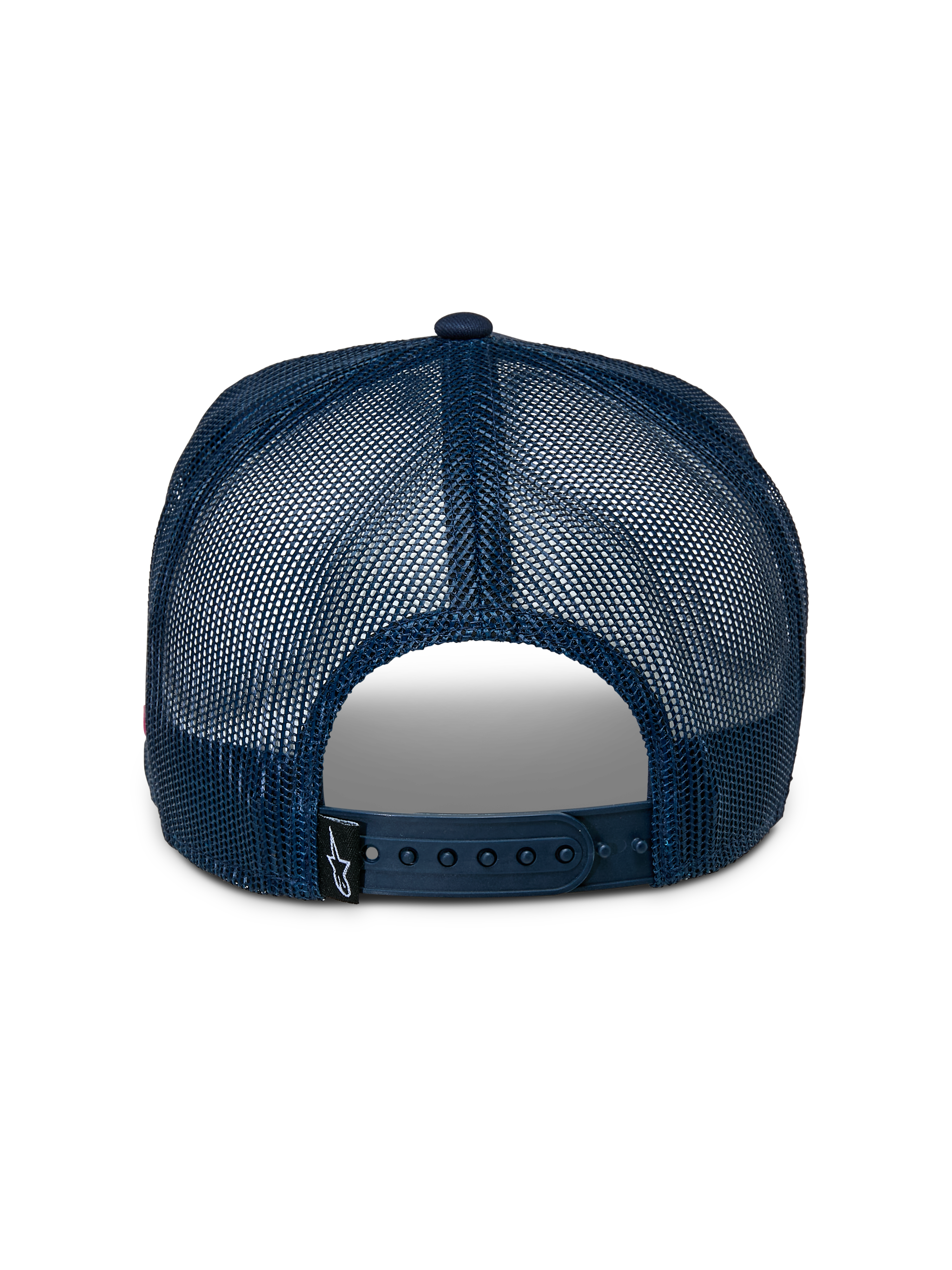 Casquette Trucker Alpinestars Control, vue arrière, arrière en maille bleu marine, fermeture snapback réglable, petite étiquette noire avec logo Astars, accessoire de sport décontracté
