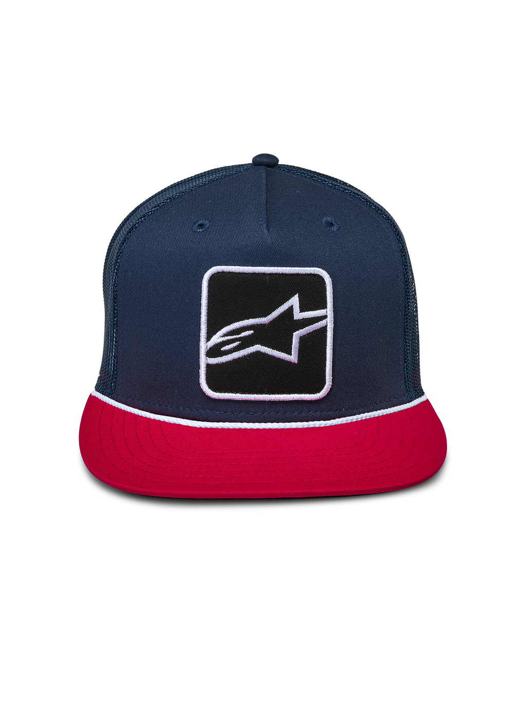 Casquette Trucker Alpinestars Control, bleu marine et rouge, couronne structurée avec visière plate, écusson logo Astars à l'avant avec détail de cordelette tressée blanche, arrière en maille, couvre-chef de sport mécanique décontracté