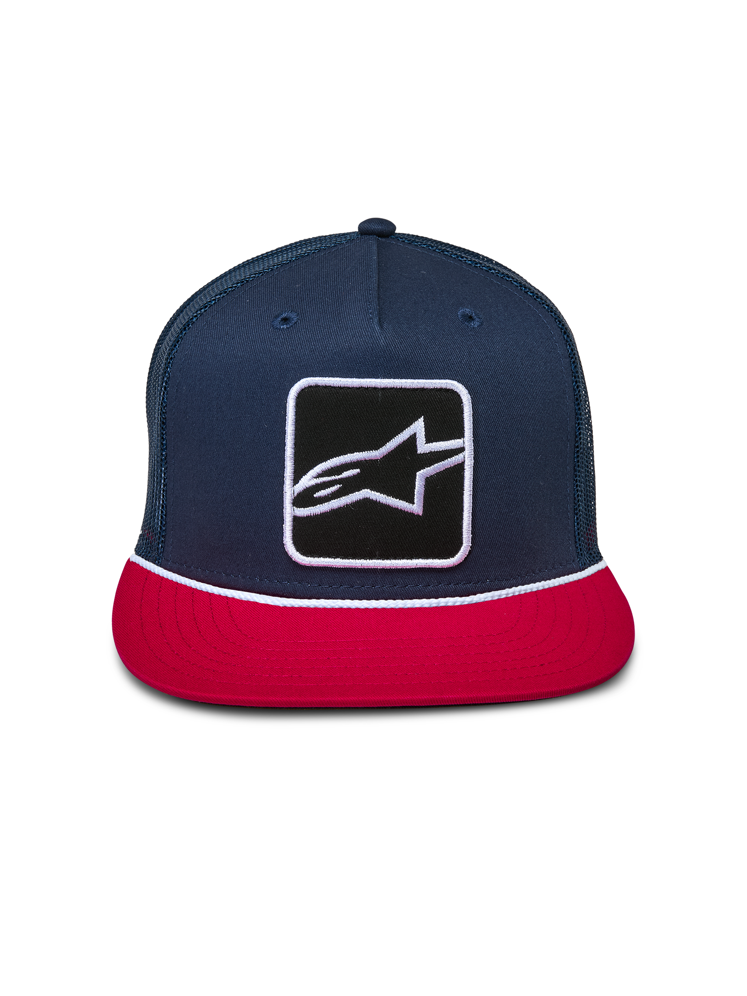 Casquette Trucker Alpinestars Control, bleu marine et rouge, couronne structurée avec visière plate, écusson logo Astars à l'avant avec détail de cordelette tressée blanche, arrière en maille, couvre-chef de sport mécanique décontracté
