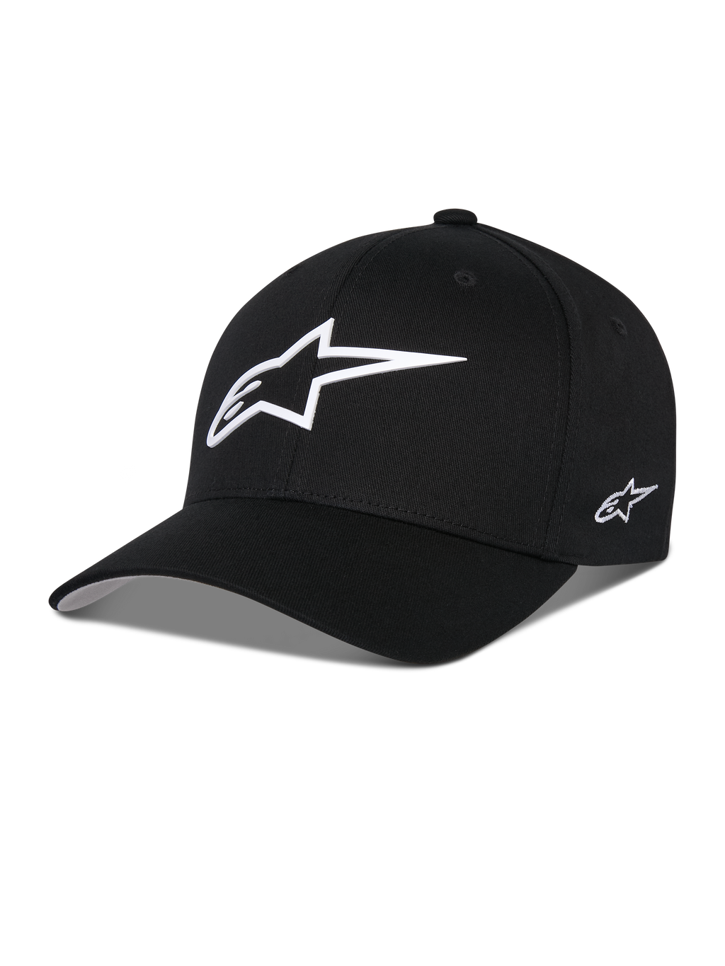 Alpinestars Ageless Multi Hat, casquette de baseball noire, dotée d'un grand logo étoile blanc en impression 3D sur le devant et d'un petit logo brodé sur le côté, visière incurvée, couronne structurée, couvre-chef décontracté inspiré du sport automobile