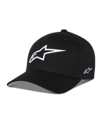 Alpinestars Ageless Multi Hat, casquette de baseball noire, dotée d'un grand logo étoile blanc en impression 3D sur le devant et d'un petit logo brodé sur le côté, visière incurvée, couronne structurée, couvre-chef décontracté inspiré du sport automobile