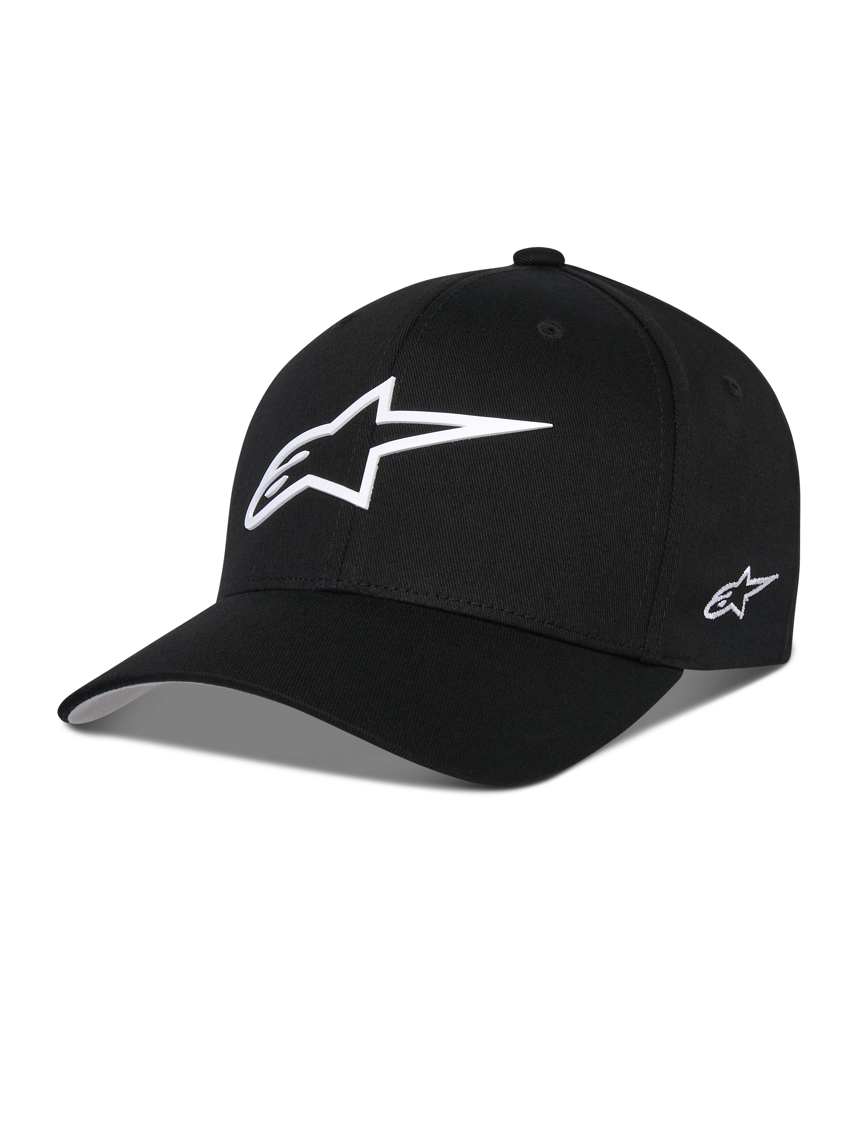 Alpinestars Ageless Multi Hat, casquette de baseball noire, dotée d'un grand logo étoile blanc en impression 3D sur le devant et d'un petit logo brodé sur le côté, visière incurvée, couronne structurée, couvre-chef décontracté inspiré du sport automobile