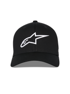 Casquette Alpinestars Ageless Multi, casquette de baseball noire, vue de face, logo Astars blanc en impression 3D, visière incurvée, couronne structurée, vêtement de sport décontracté