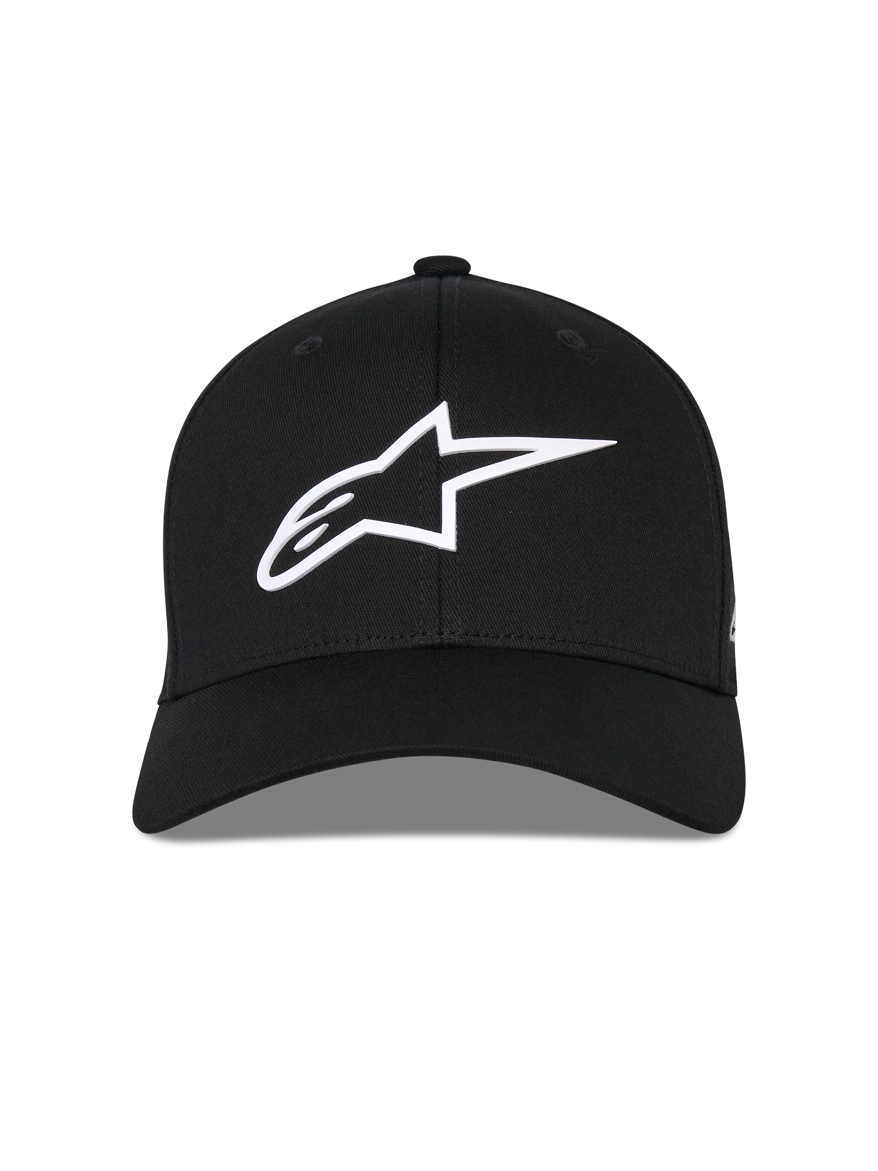 Casquette Alpinestars Ageless Multi, casquette de baseball noire, vue de face, logo Astars blanc en impression 3D, visière incurvée, couronne structurée, vêtement de sport décontracté
